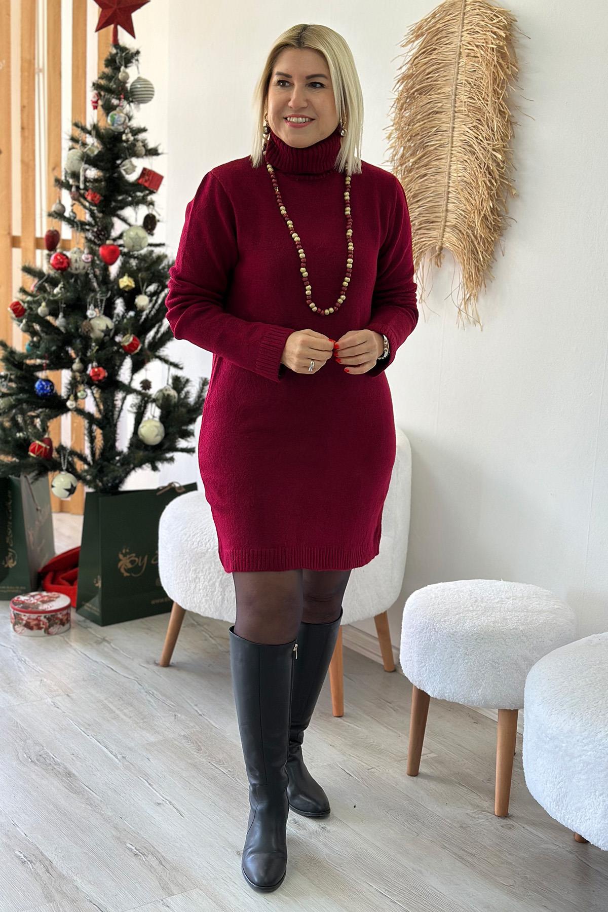 Bordo Balıkçı Yaka Kolyeli Triko ElbiseELB2401211-BORDO-STD
