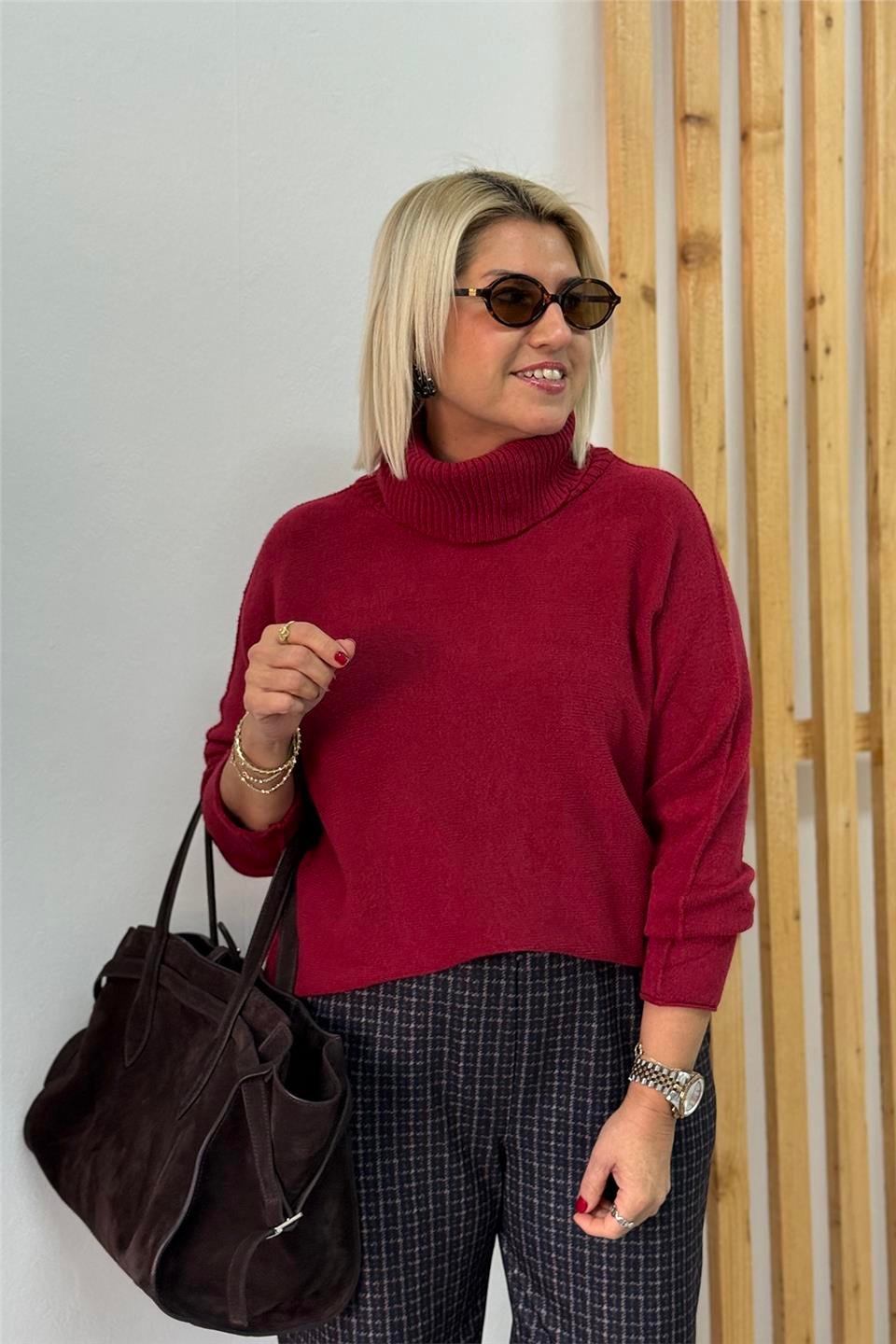 Bordo Balıkçı Yaka Viscose Basic Yumuşak TrikoUT24111030-BORDO-STD