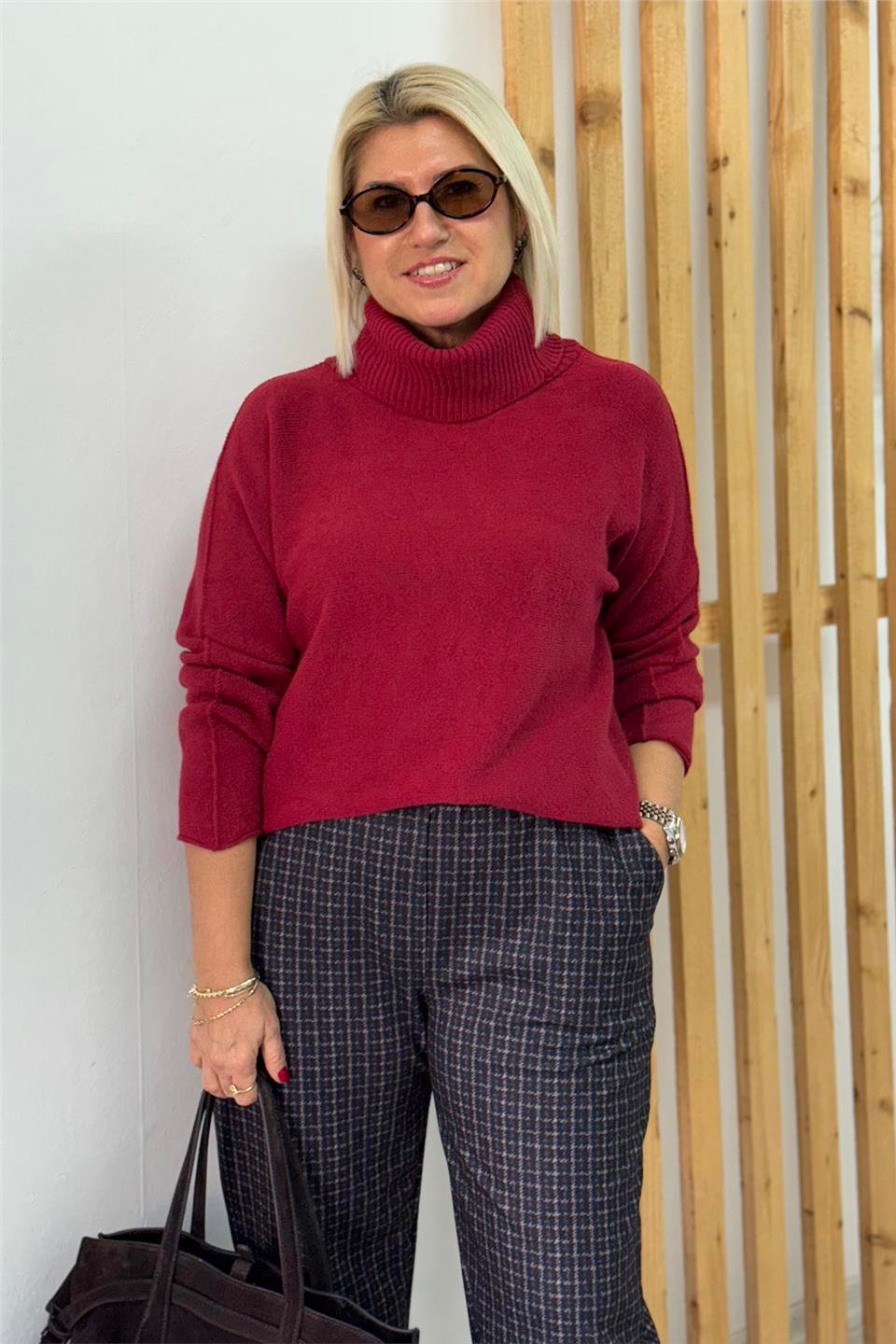Bordo Balıkçı Yaka Viscose Basic Yumuşak TrikoUT24111030-BORDO-STD