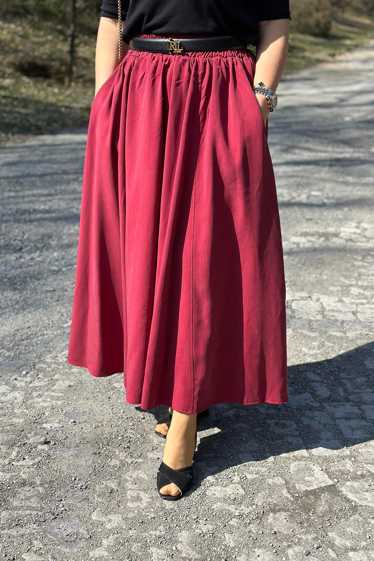Bordo Beli Lastikli Çift Cep Kloş EtekAETK2500123-BORDO-S