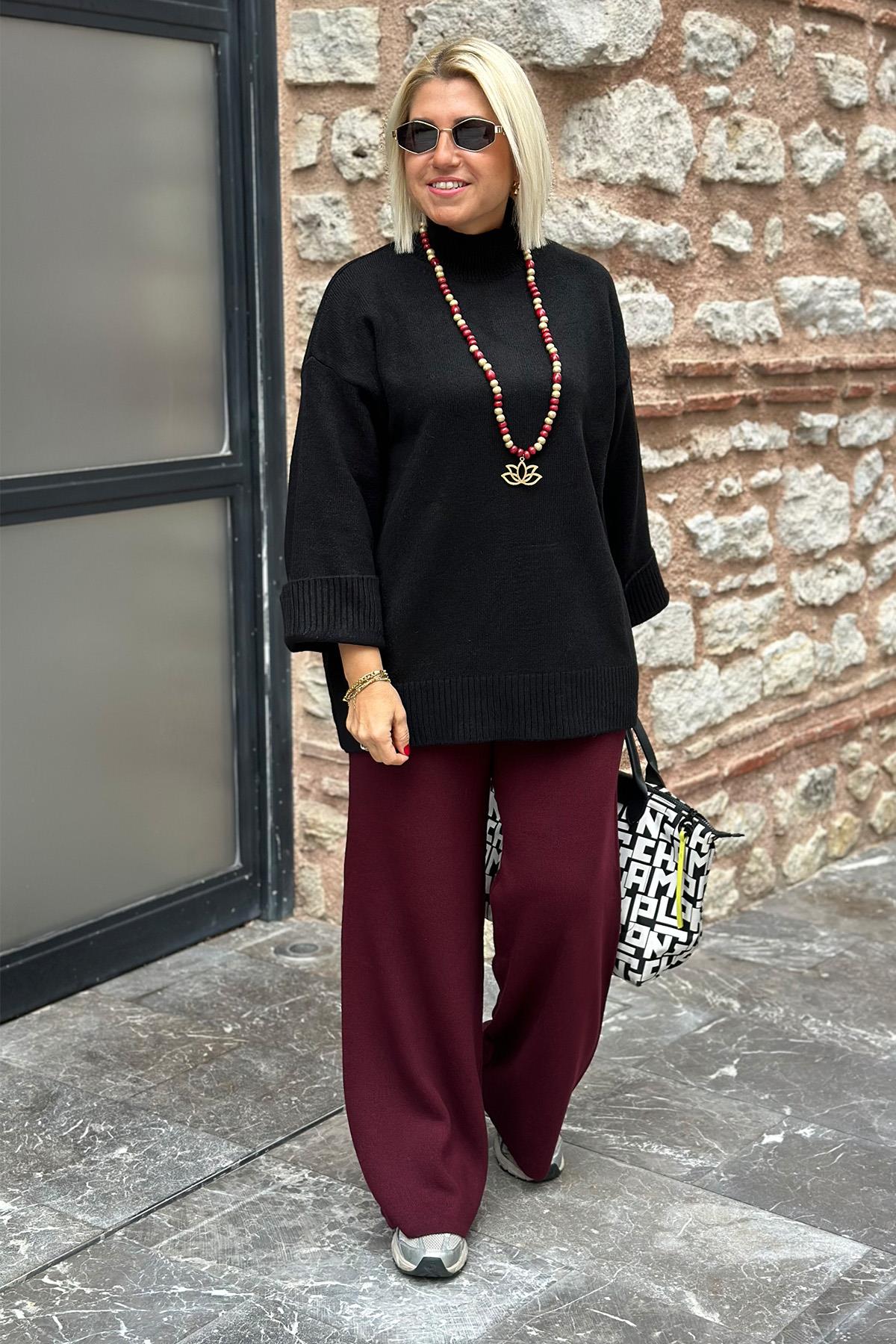 Bordo Beli Lastikli Triko PantolonUK224048108-BORDO-STD