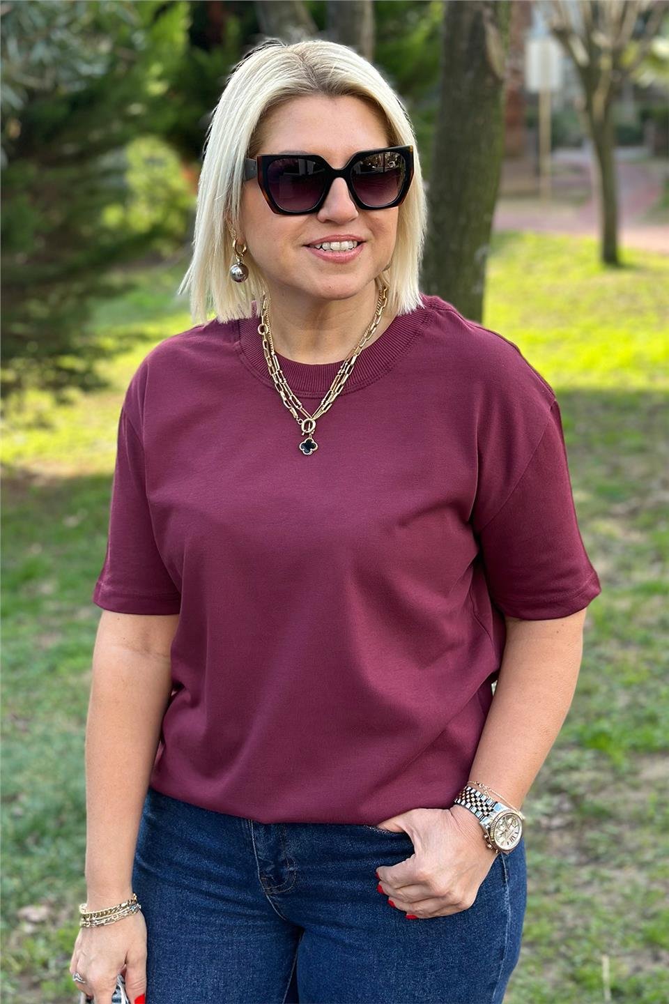 Bordo Bisiklet Yaka Basic TshirtUTS241131-BORDO-S