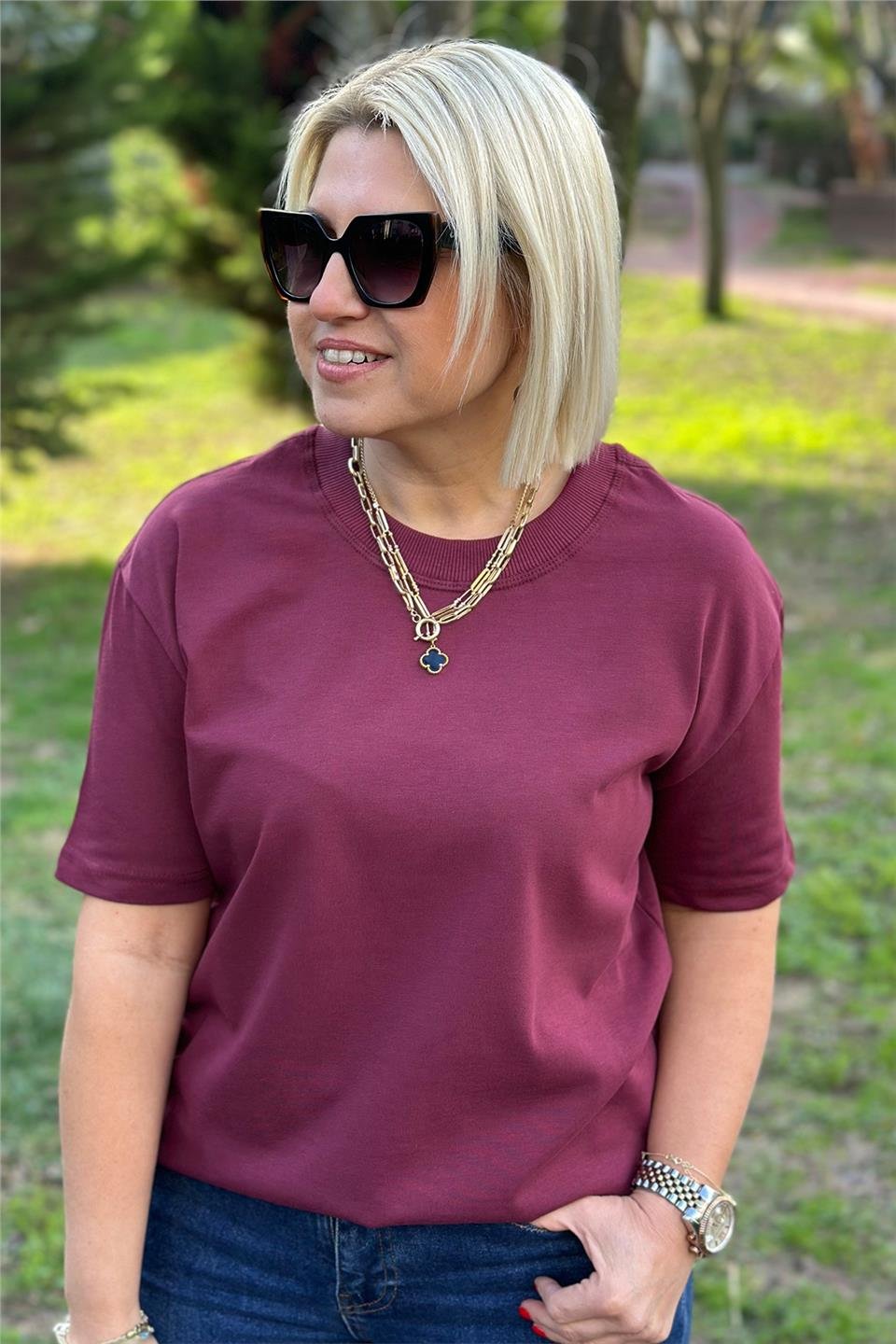 Bordo Bisiklet Yaka Basic TshirtUTS241131-BORDO-S