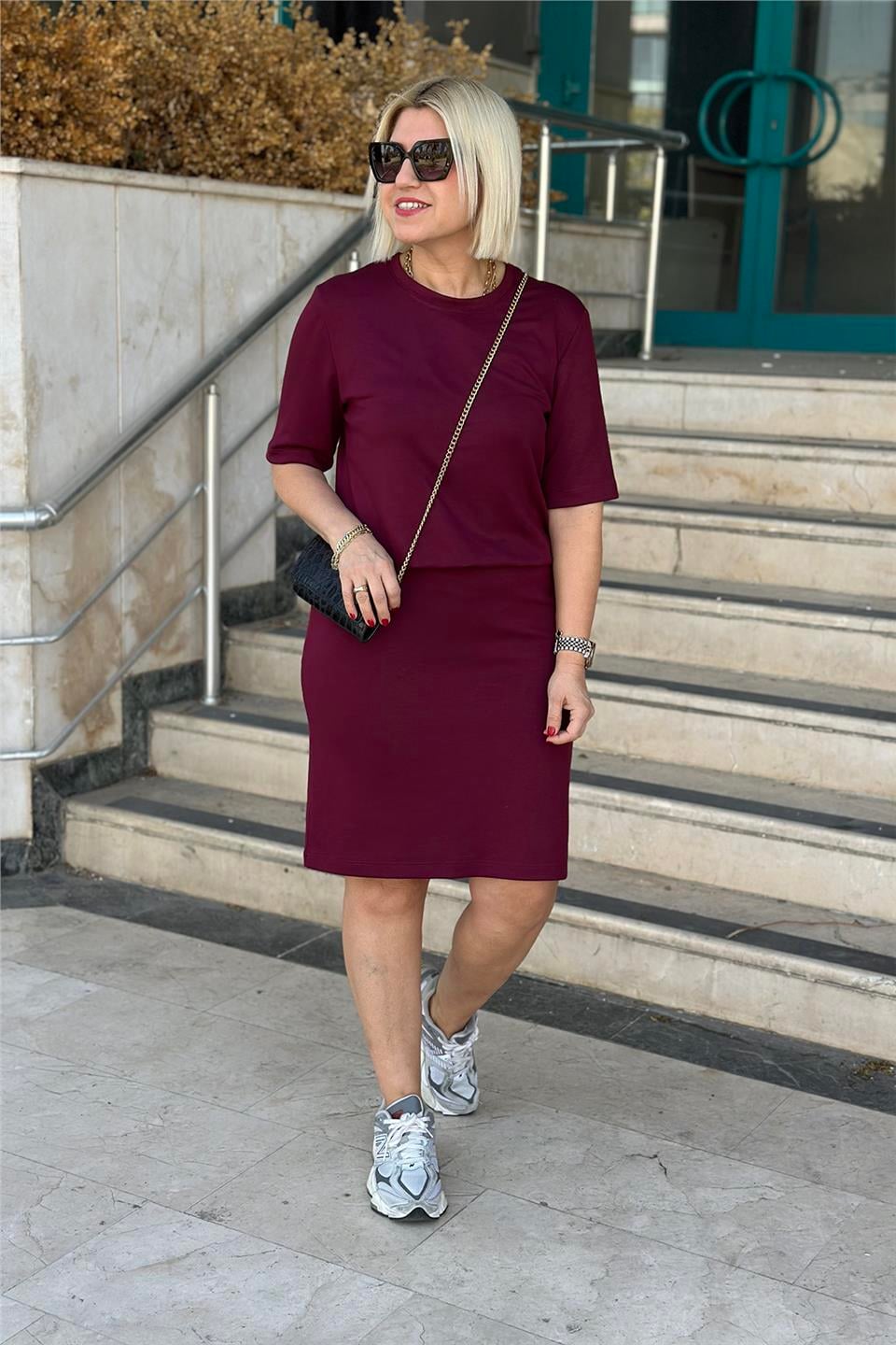 Bordo Bisiklet Yaka Beli Lastikli Mini ElbiseELB2401238-BORDO-42