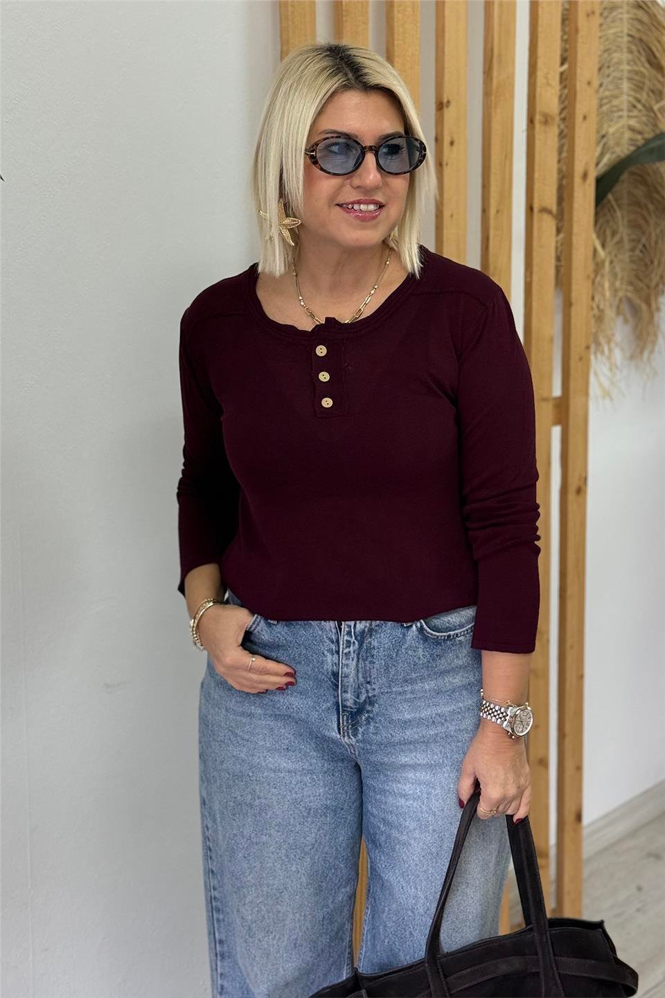 Bordo Bisiklet Yaka Düğmeli Basic İnce TrikoUT24111038-BORDO-STD