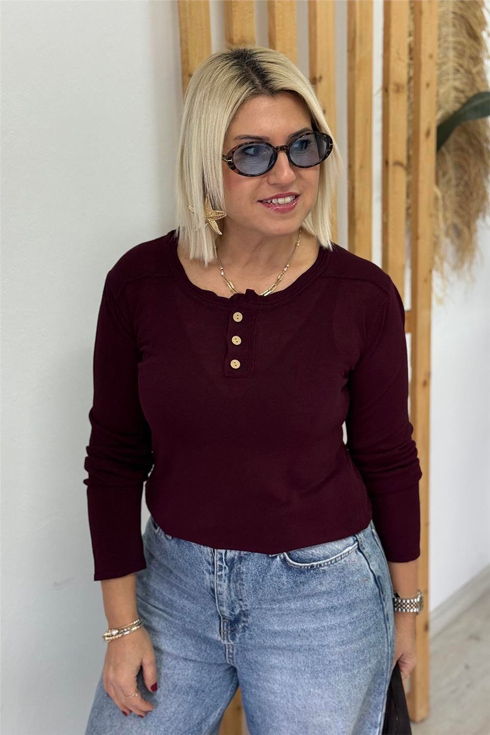 Bordo Bisiklet Yaka Düğmeli Basic İnce TrikoUT24111038-BORDO-STD