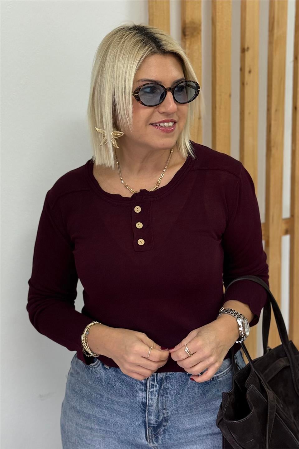 Bordo Bisiklet Yaka Düğmeli Basic İnce TrikoUT24111038-BORDO-STD