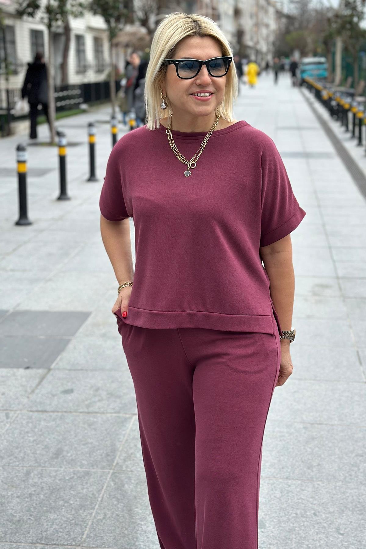Bordo Bisiklet Yaka Kısa Kol İkili TakımUTK2501147-BORDO-S
