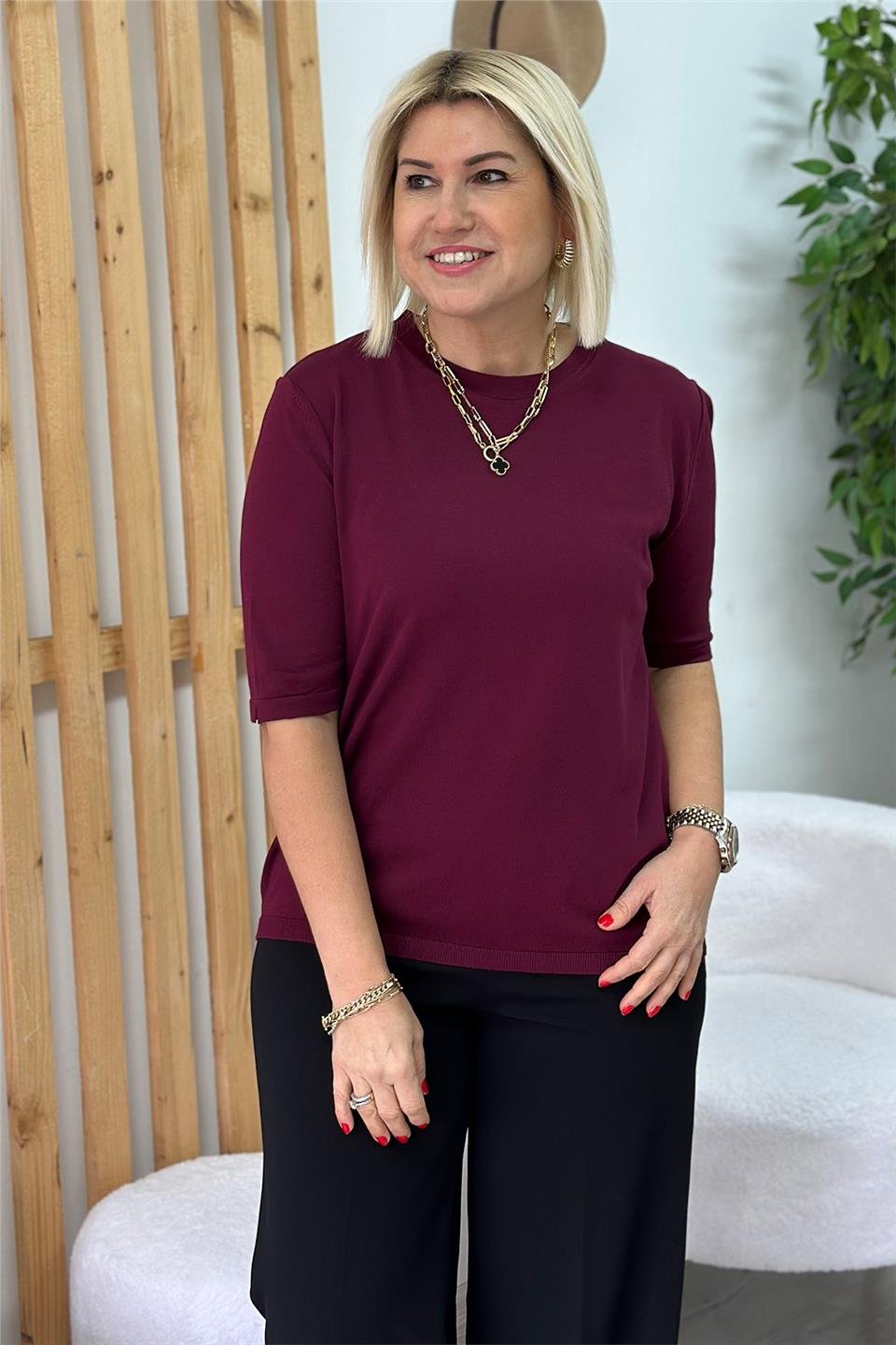 Bordo Bisiklet Yaka Kısa Kol Mevsimlik TrikoUT24110969-BORDO-STD