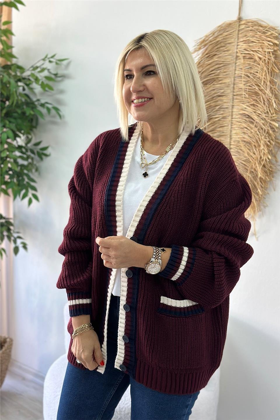 Bordo Cepli Çizgi Geçişli Selanik HırkaUH24110918-BORDO-STD