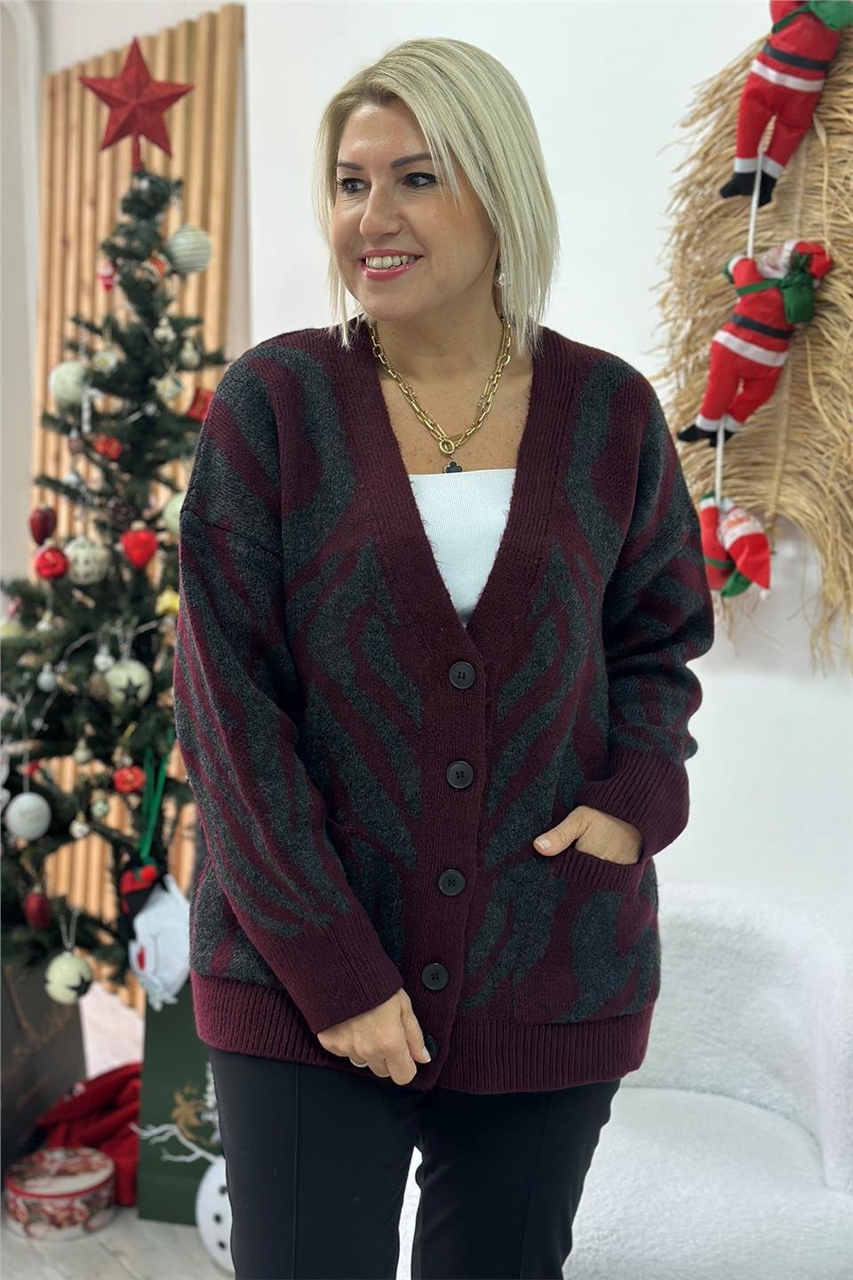 Bordo Cepli Salaş Desenli HırkaUH24110909-BORDO-STD
