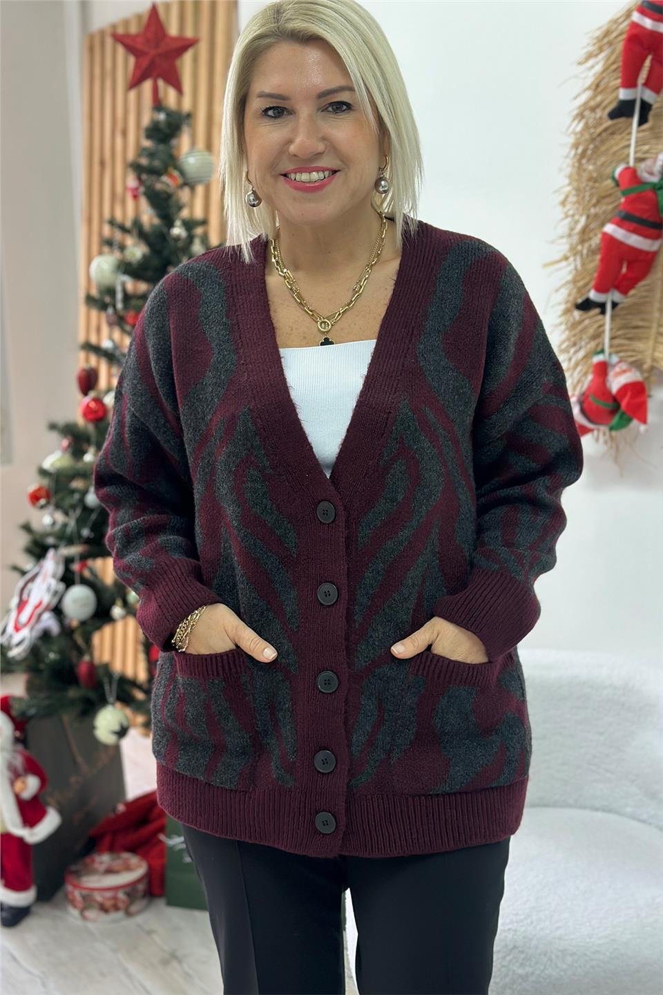Bordo Cepli Salaş Desenli HırkaUH24110909-BORDO-STD