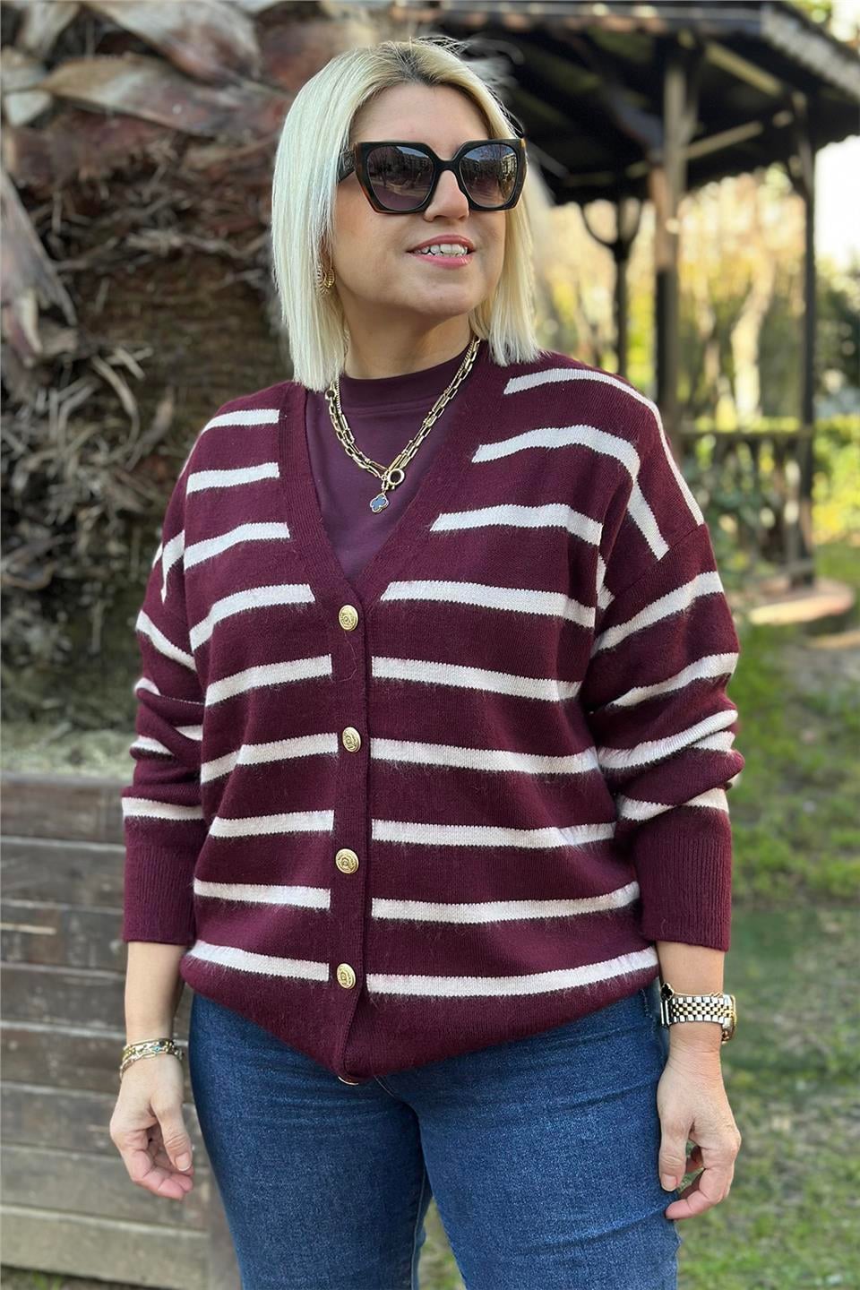 Bordo Çizgili Gold Düğmeli HırkaUH24110929-BORDO-STD