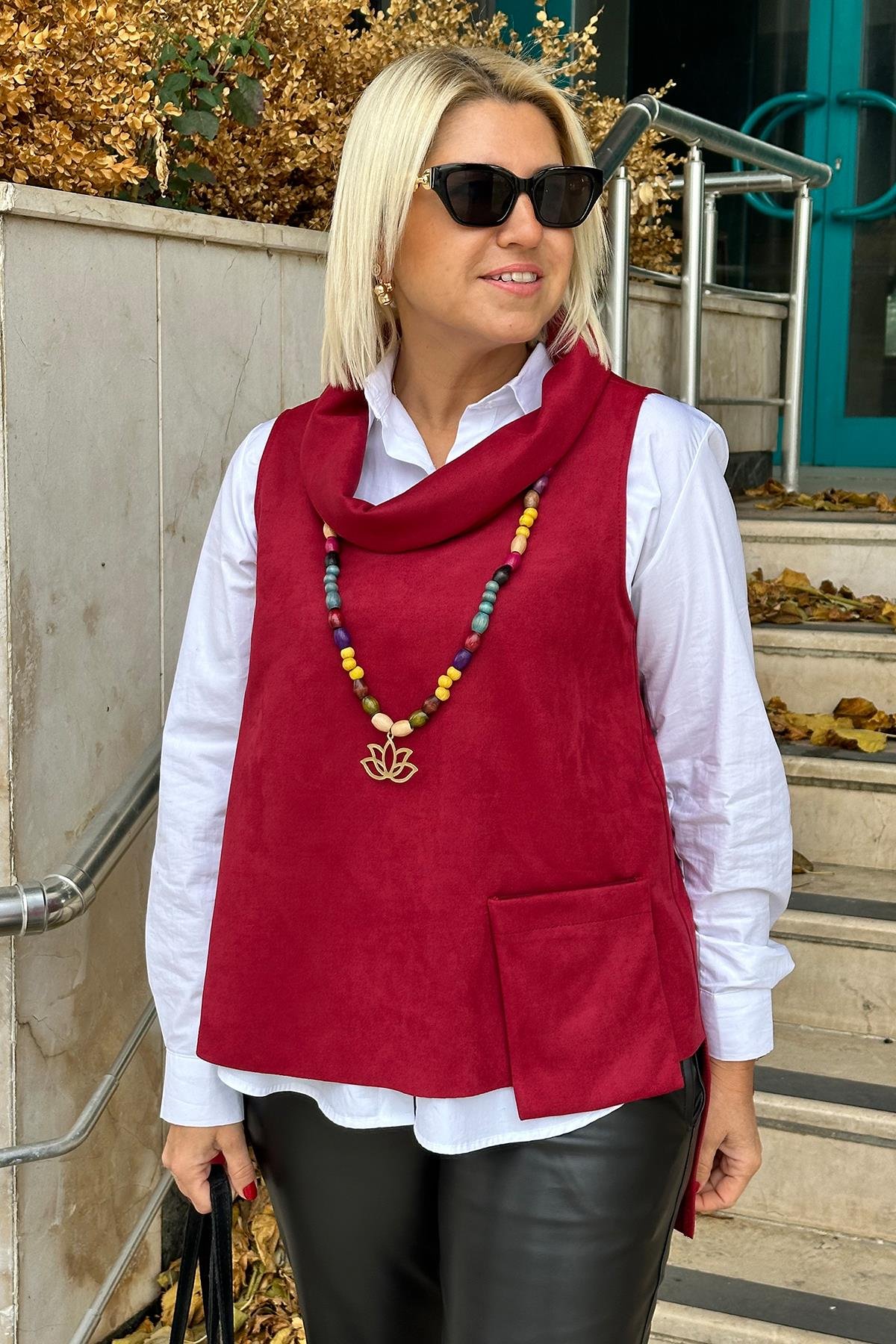 Bordo Degaje Yaka Cepli Süet SüveterDK2230153-BORDO-STD