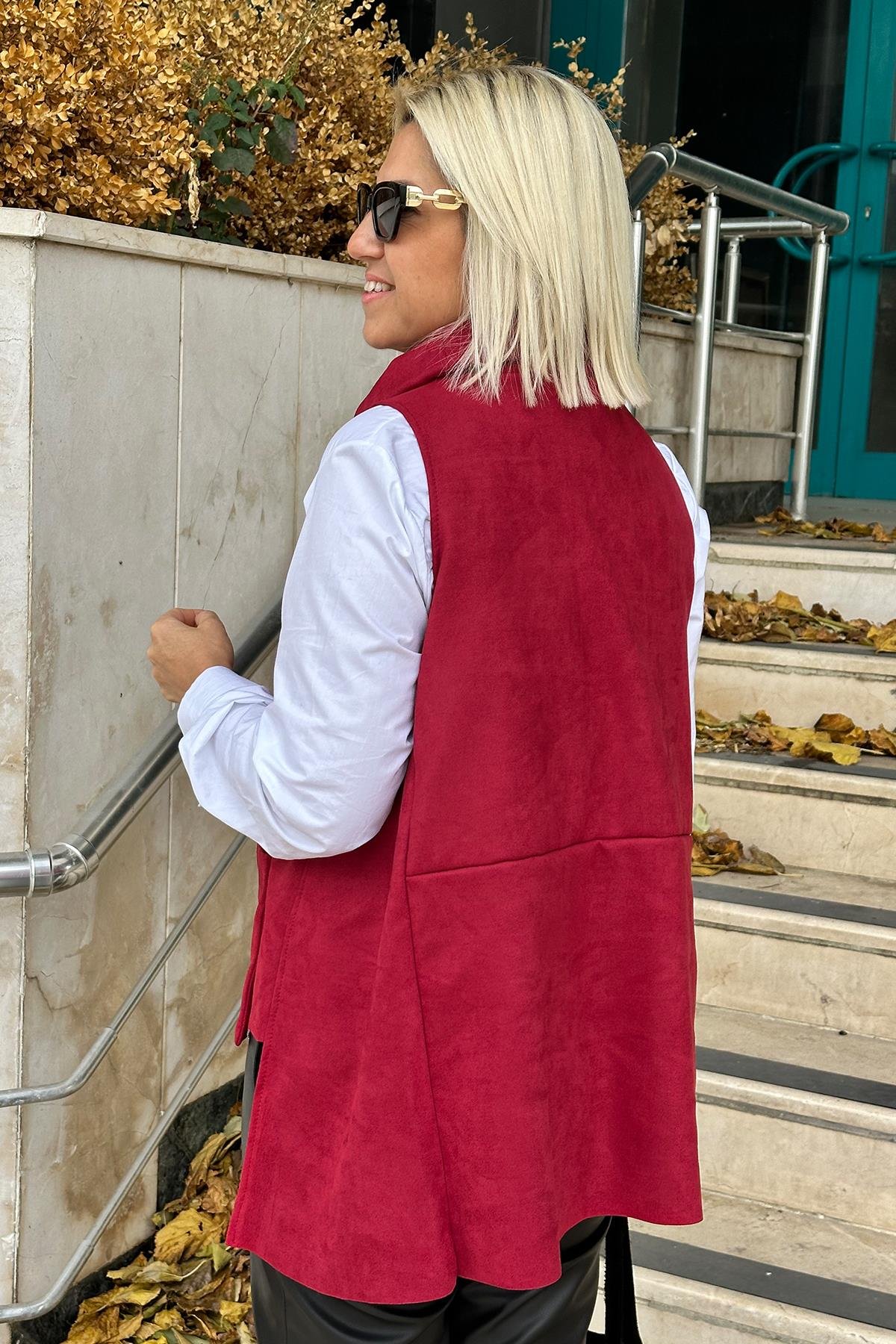 Bordo Degaje Yaka Cepli Süet SüveterDK2230153-BORDO-STD