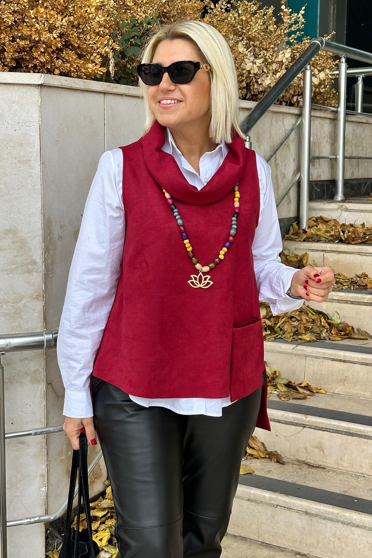 Bordo Degaje Yaka Cepli Süet SüveterDK2230153-BORDO-STD