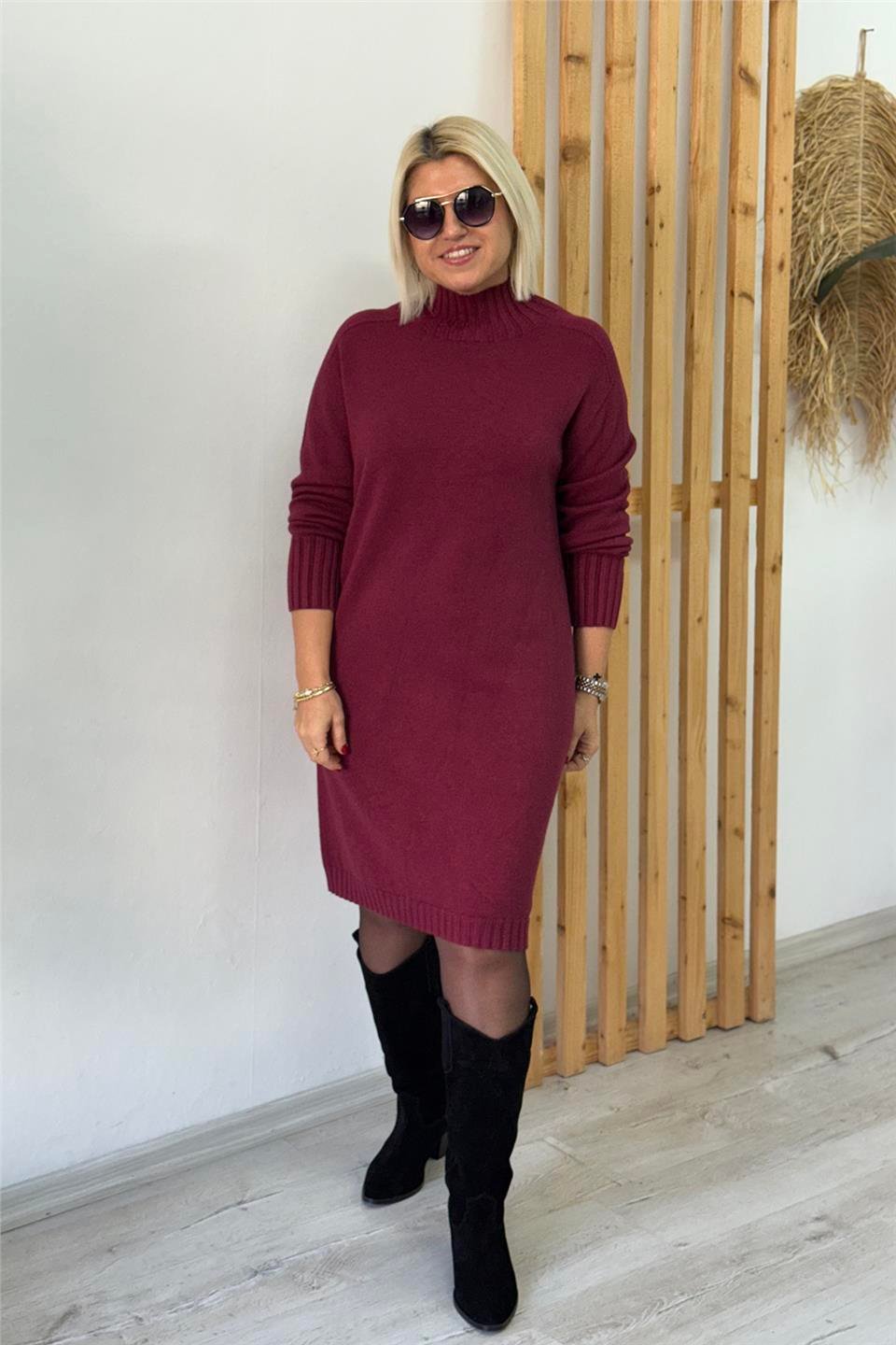 Bordo Dik Yaka Düz Basic Lycralı Triko ElbiseELB25013124-BORDO-STD