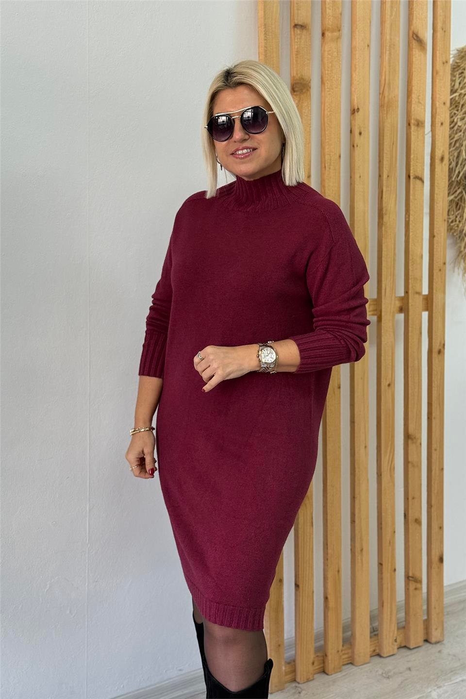 Bordo Dik Yaka Düz Basic Lycralı Triko ElbiseELB25013124-BORDO-STD