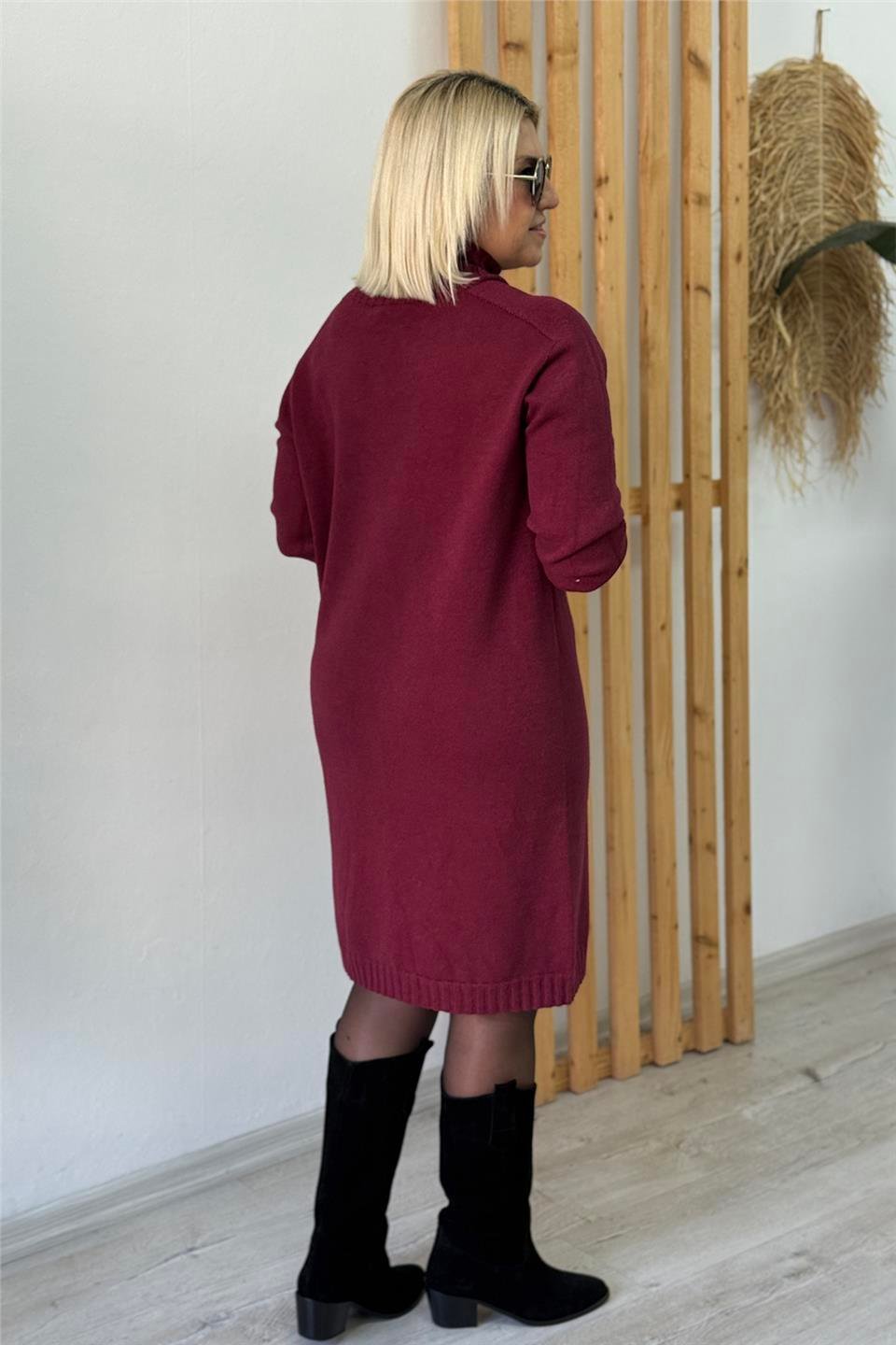 Bordo Dik Yaka Düz Basic Lycralı Triko ElbiseELB25013124-BORDO-STD