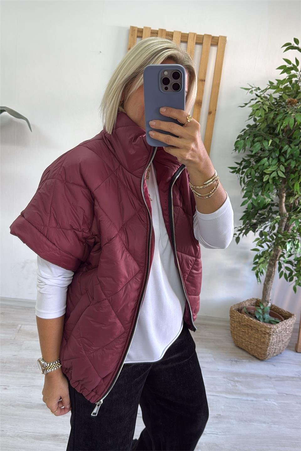 Bordo Dik Yaka Fermuarlı Cepli Şişme YelekDYL25000134-BORDO-STD