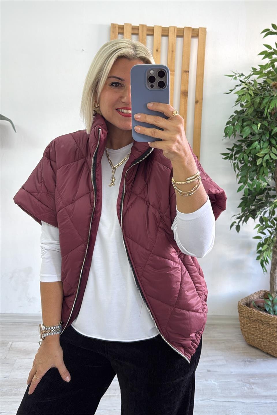 Bordo Dik Yaka Fermuarlı Cepli Şişme YelekDYL25000134-BORDO-STD
