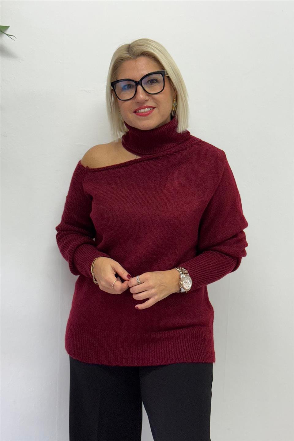 Bordo Düşük Omuzlu Balıkçı Yumoş TrikoUT24111015-BORDO-STD