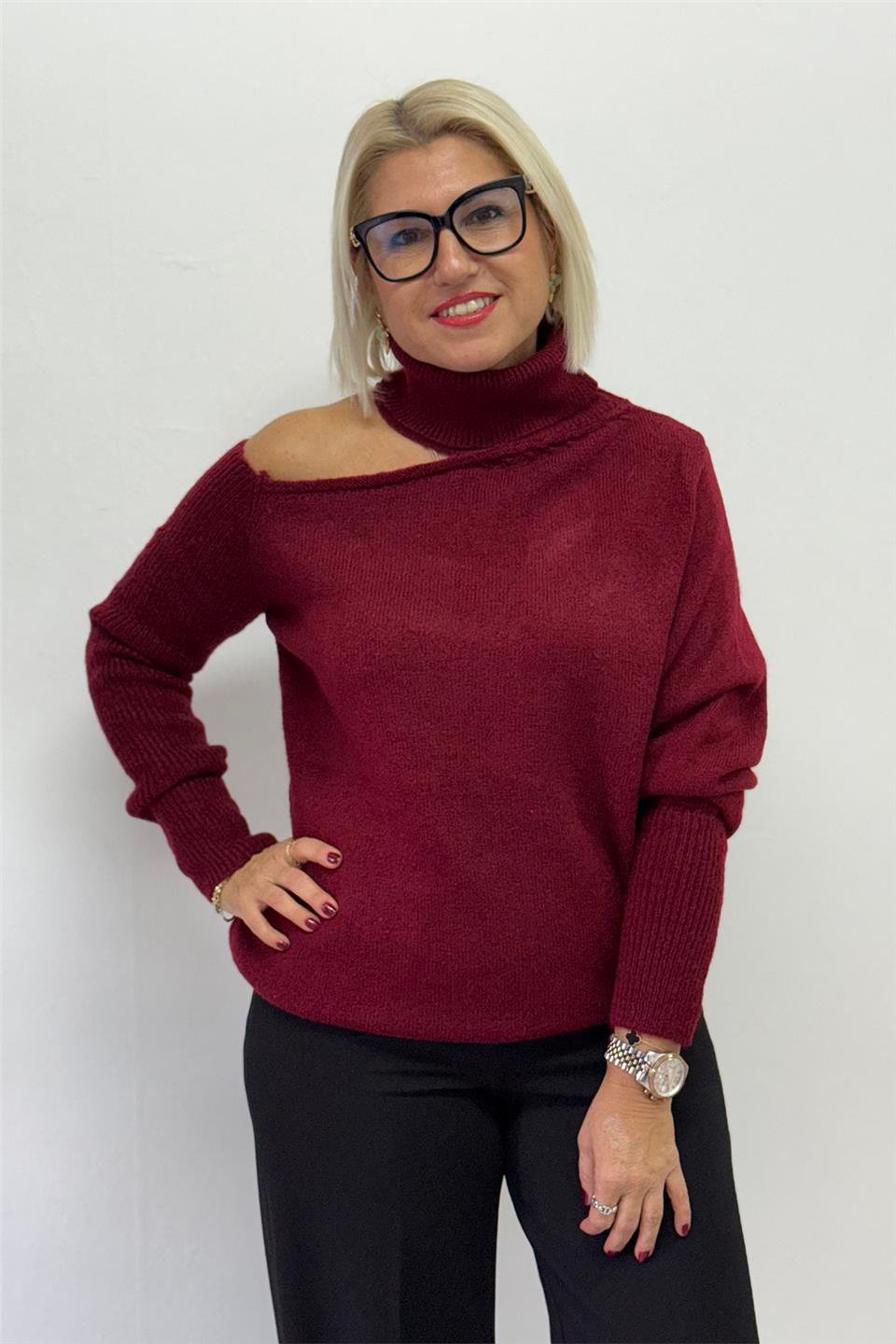 Bordo Düşük Omuzlu Balıkçı Yumoş TrikoUT24111015-BORDO-STD