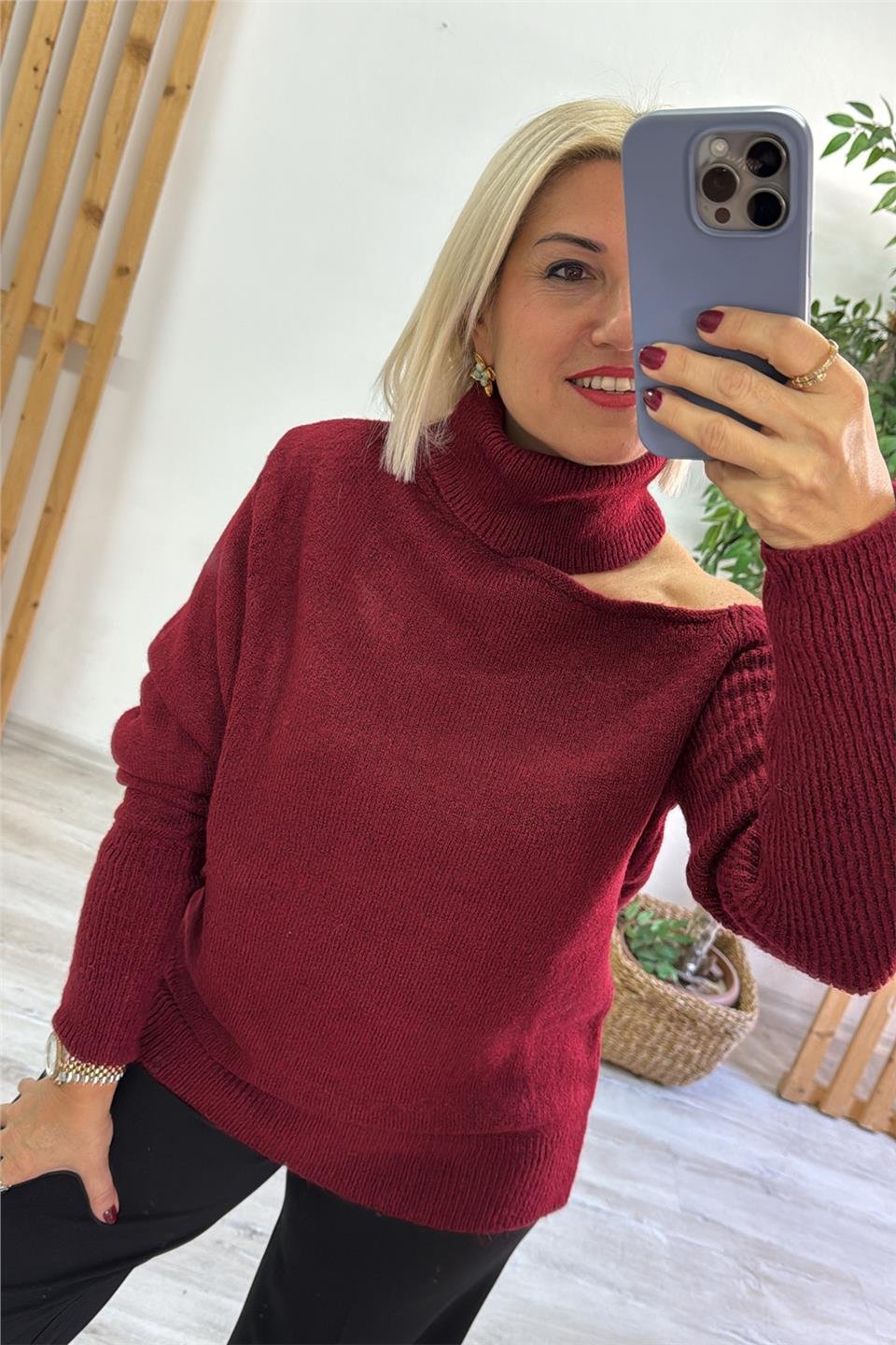 Bordo Düşük Omuzlu Balıkçı Yumoş TrikoUT24111015-BORDO-STD