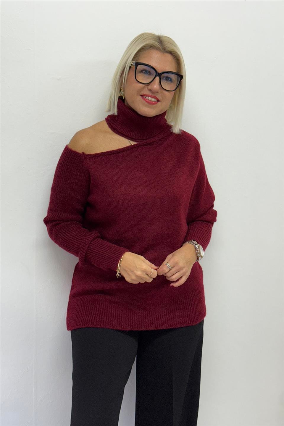 Bordo Düşük Omuzlu Balıkçı Yumoş TrikoUT24111015-BORDO-STD