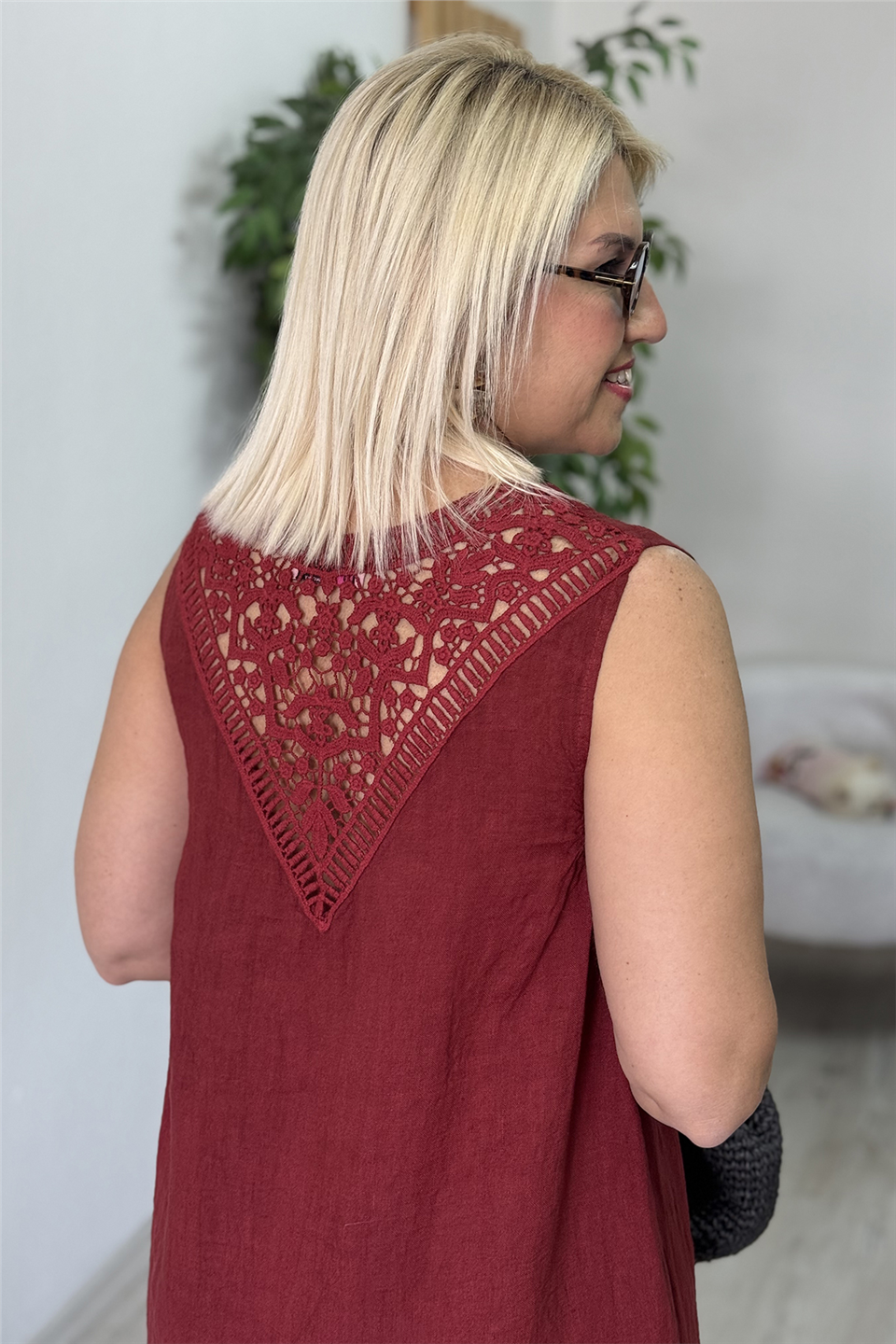 Bordo Düz Desen Sırt Dantelli Keten ElbiseELB26001024-BORDO-STD