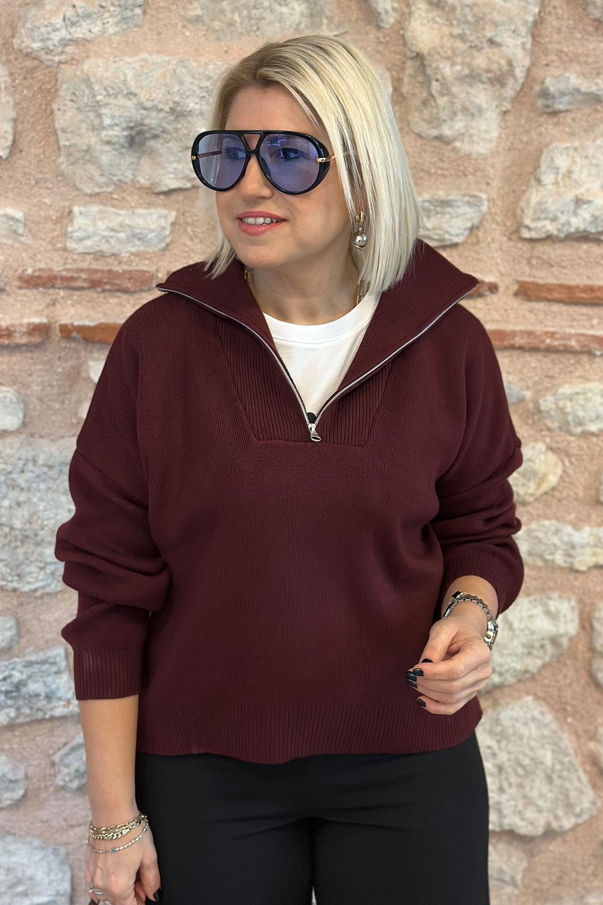Bordo Fermuarlı Dik Yaka TrikoUT24110961-BORDO-STD