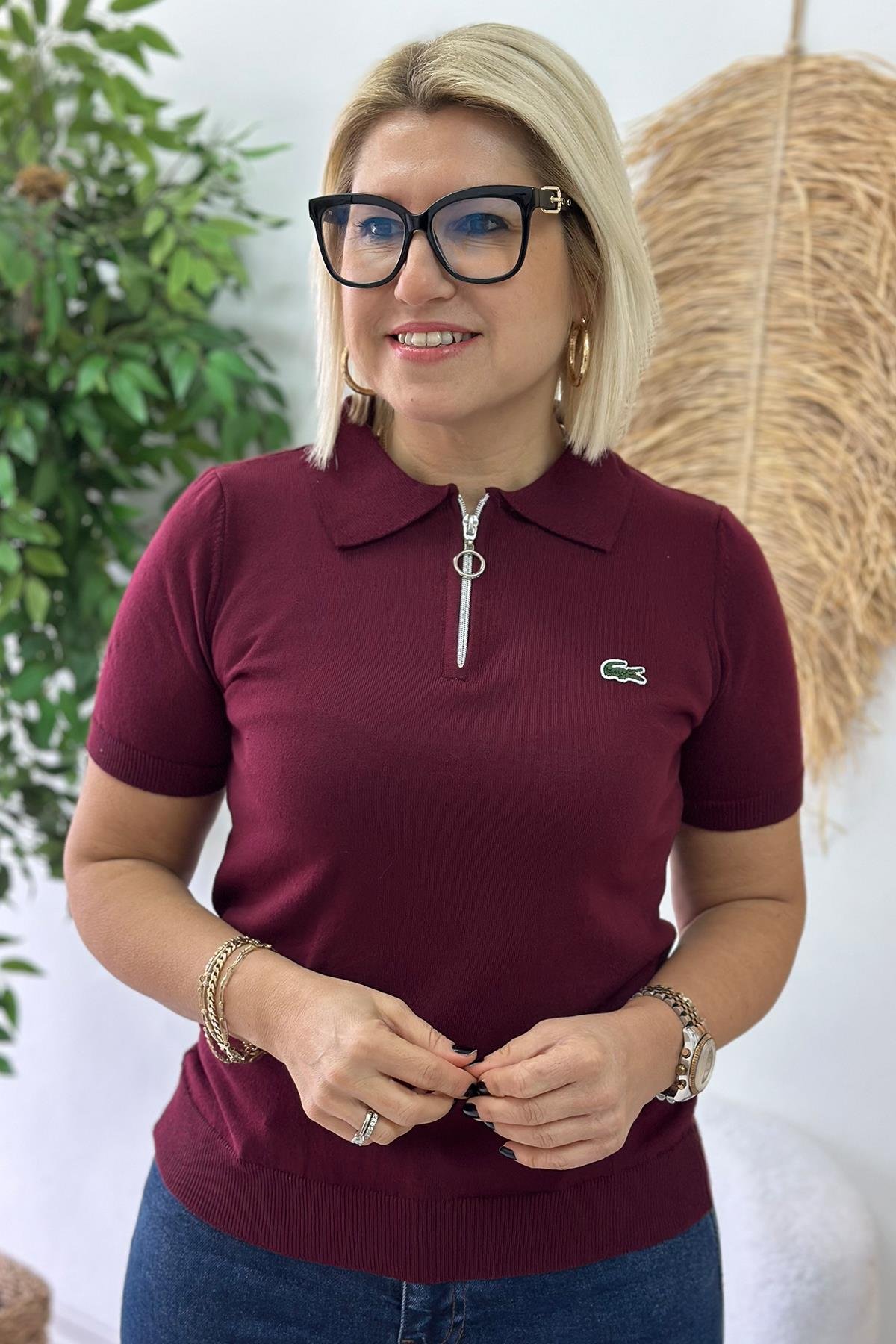 Bordo Fermuarlı Polo Yaka TrikoUT24110962-BORDO-S