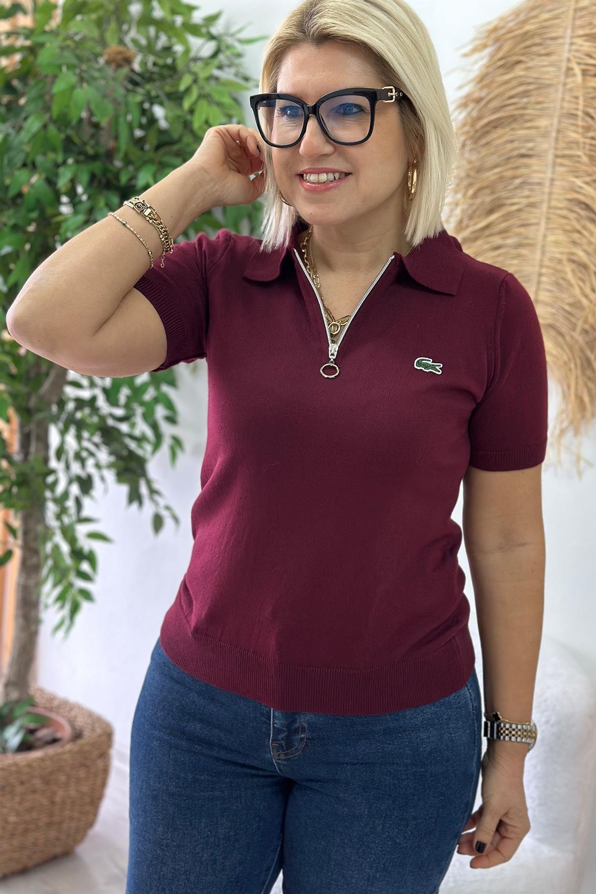 Bordo Fermuarlı Polo Yaka TrikoUT24110962-BORDO-S