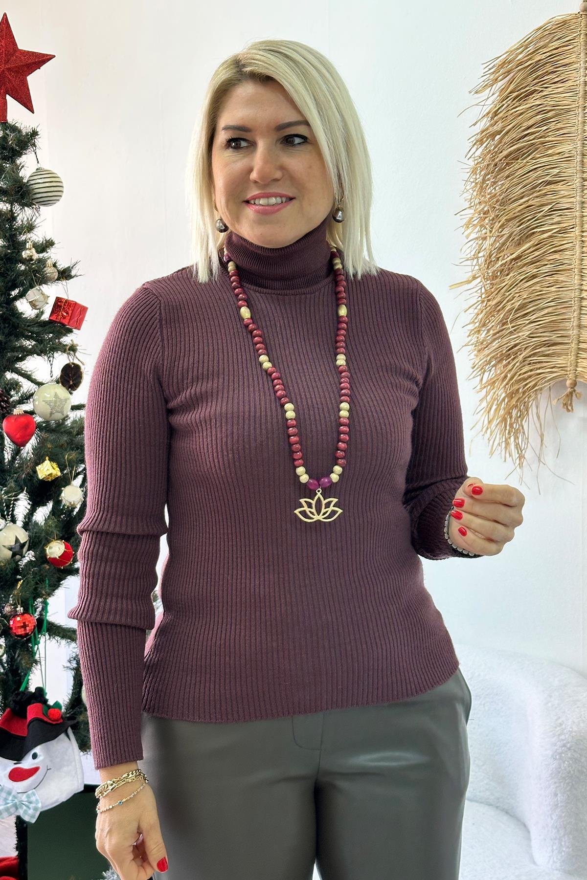 Bordo Fitilli Balıkçı Lycralı Bady Triko UT24110939-BORDO-STD