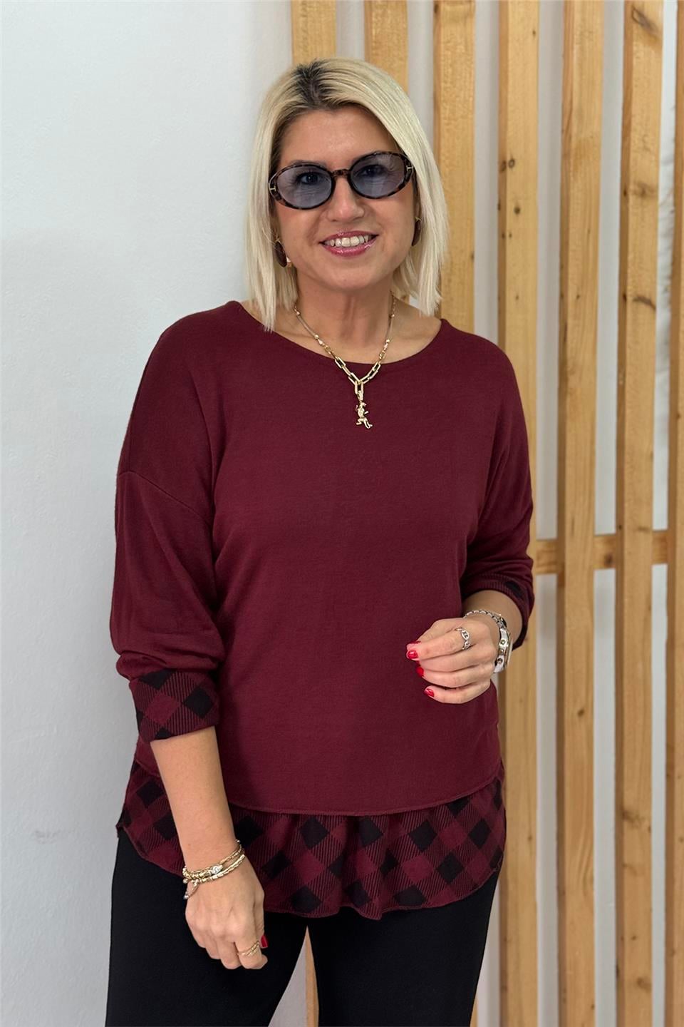 Bordo Fularlı Etek Ucu Ekose Lycralı BluzUBL2412258-BORDO-STD