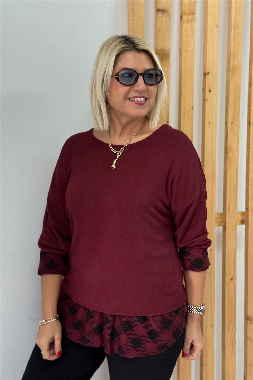 Bordo Fularlı Etek Ucu Ekose Lycralı BluzUBL2412258-BORDO-STD