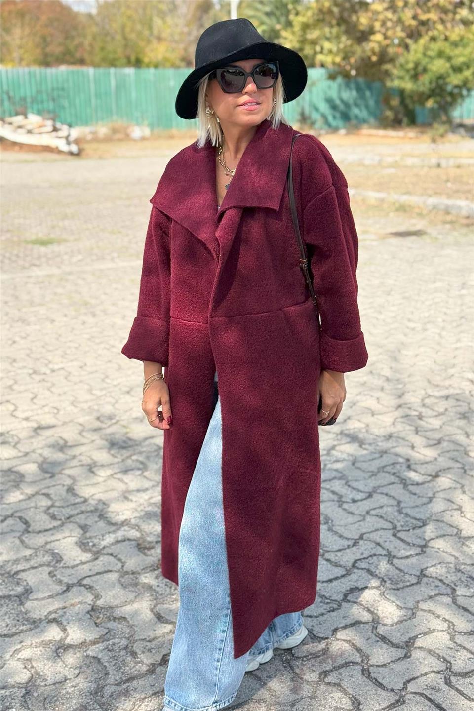 Bordo Geniş Yakalı Cepli Uzun Keçe CeketECKT2500134-BORDO-STD