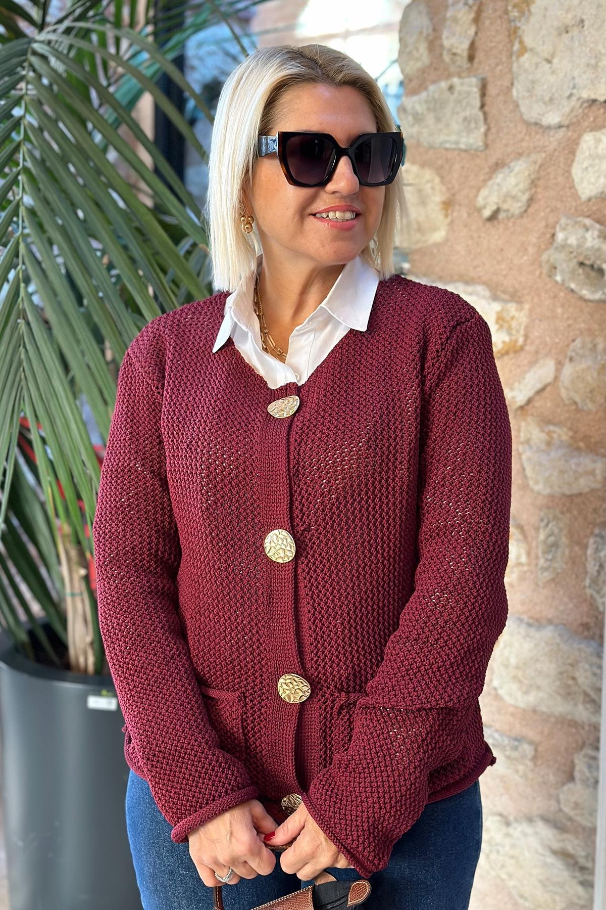 Bordo Gold Düğmeli Petek Dokulu Cepli HırkaDK2230156-BORDO-STD