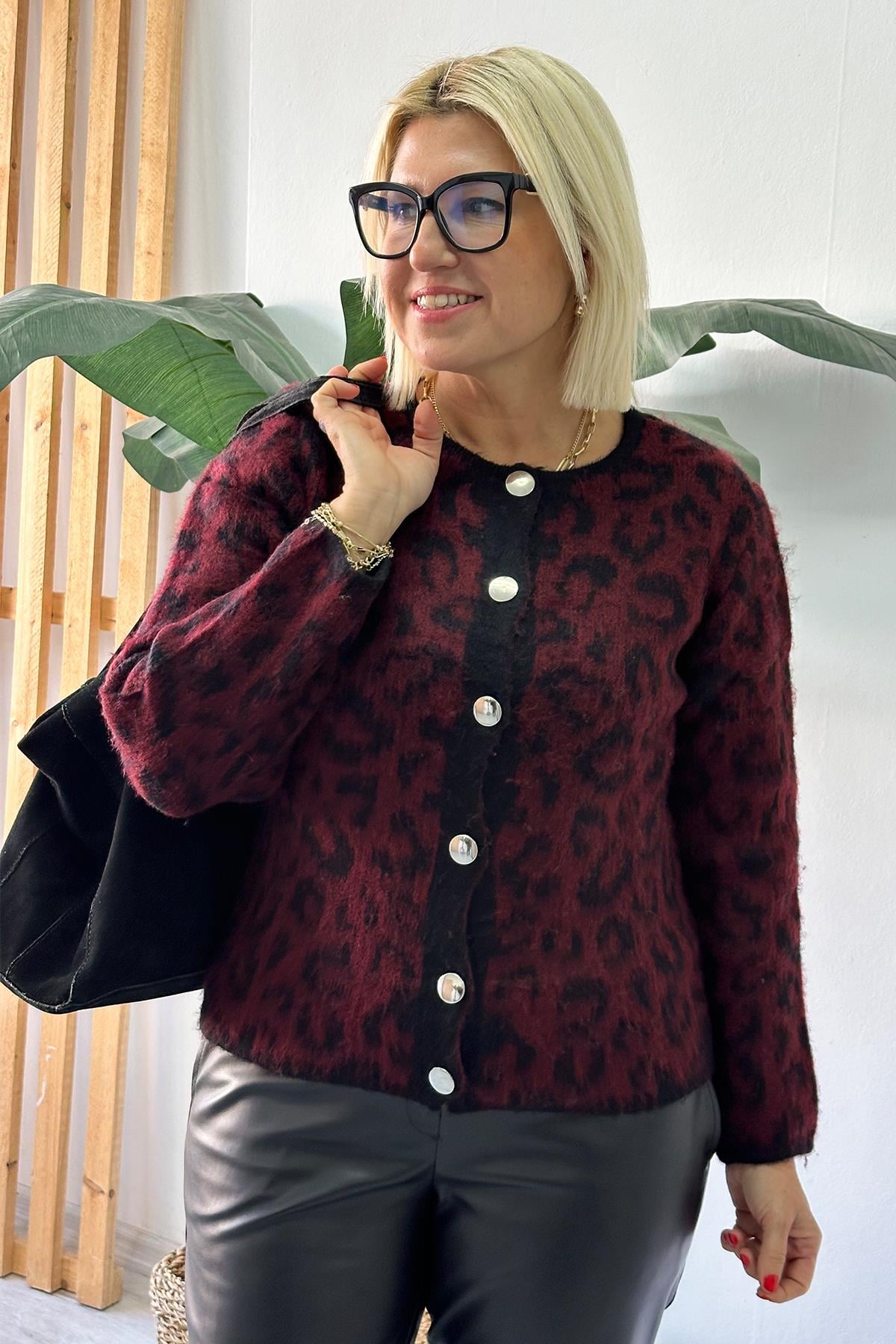 Bordo Gümüş Düğmeli Leopar HırkaUT24110910-BORDO-STD