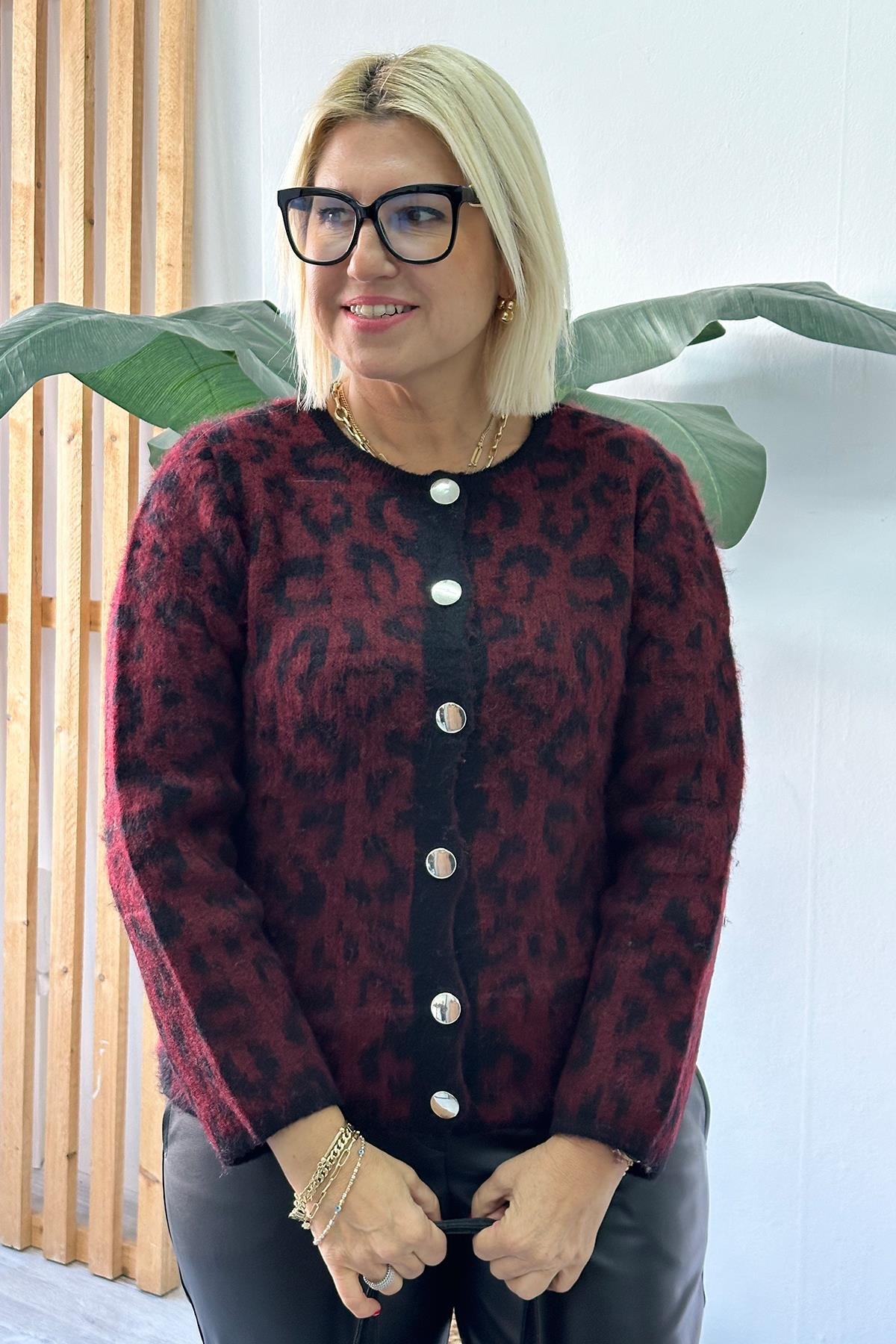 Bordo Gümüş Düğmeli Leopar HırkaUT24110910-BORDO-STD