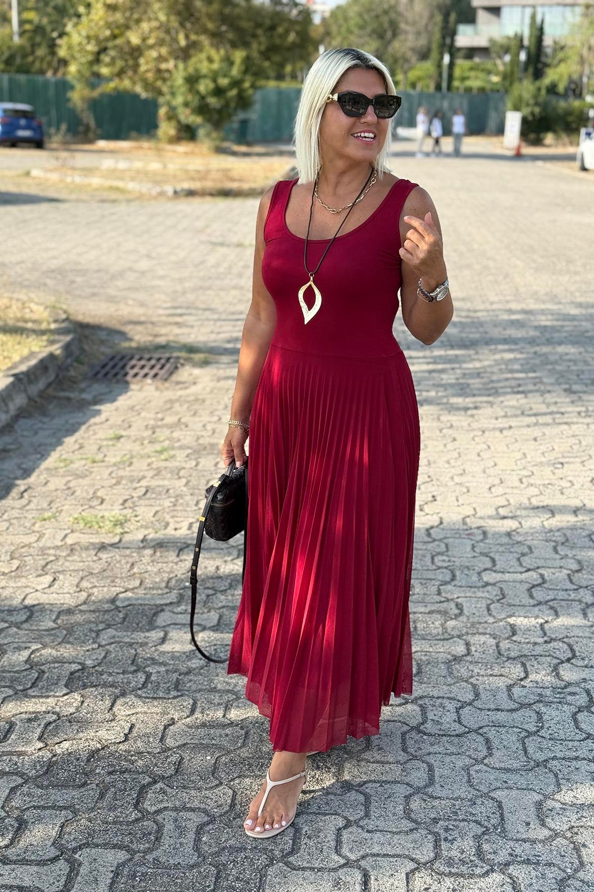 Bordo İki Parça Eteği Pileli Penye Elbise TakımELB2401349-BORDO-S