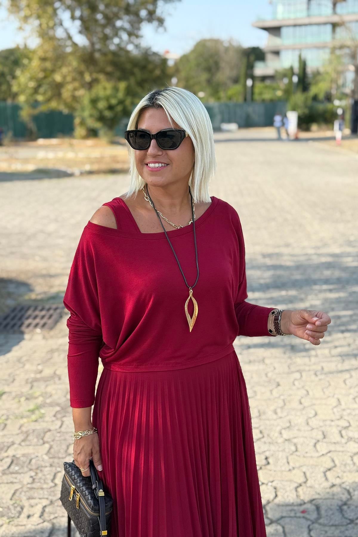 Bordo İki Parça Eteği Pileli Penye Elbise TakımELB2401349-BORDO-S