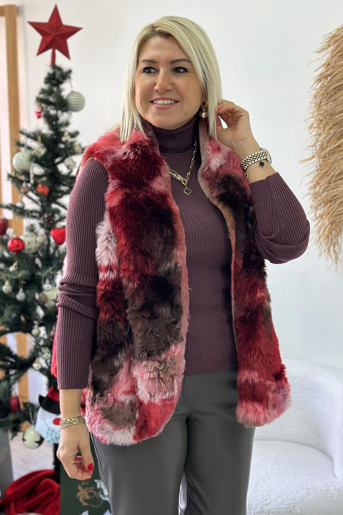 Bordo İthal Desenli Kürk YelekDY24121810-BORDO-STD