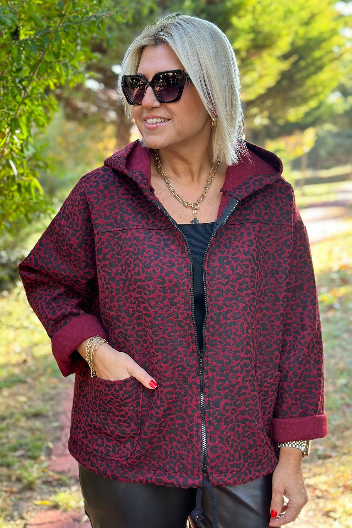 Bordo Kapşonlu Leopar Desenli MontDM24111903-BORDO-STD