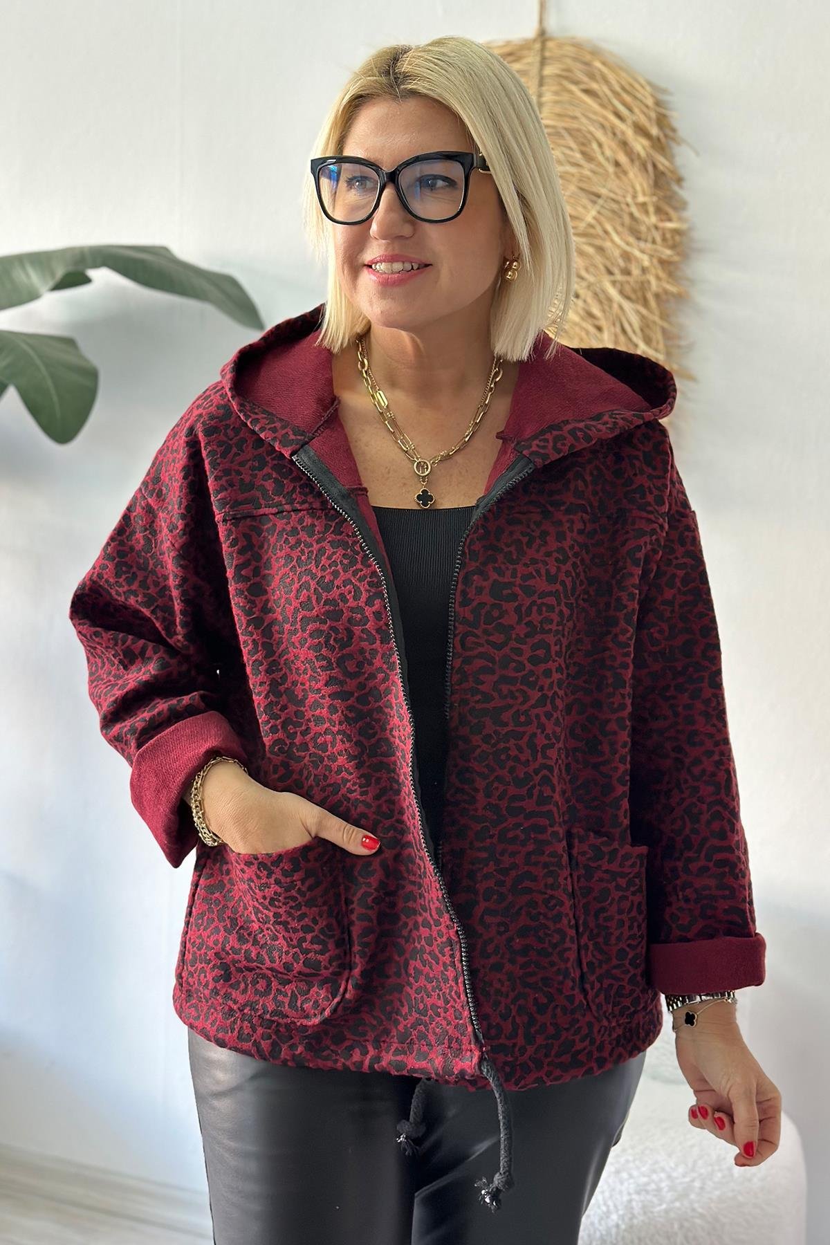 Bordo Kapşonlu Leopar Desenli MontDM24111903-BORDO-STD