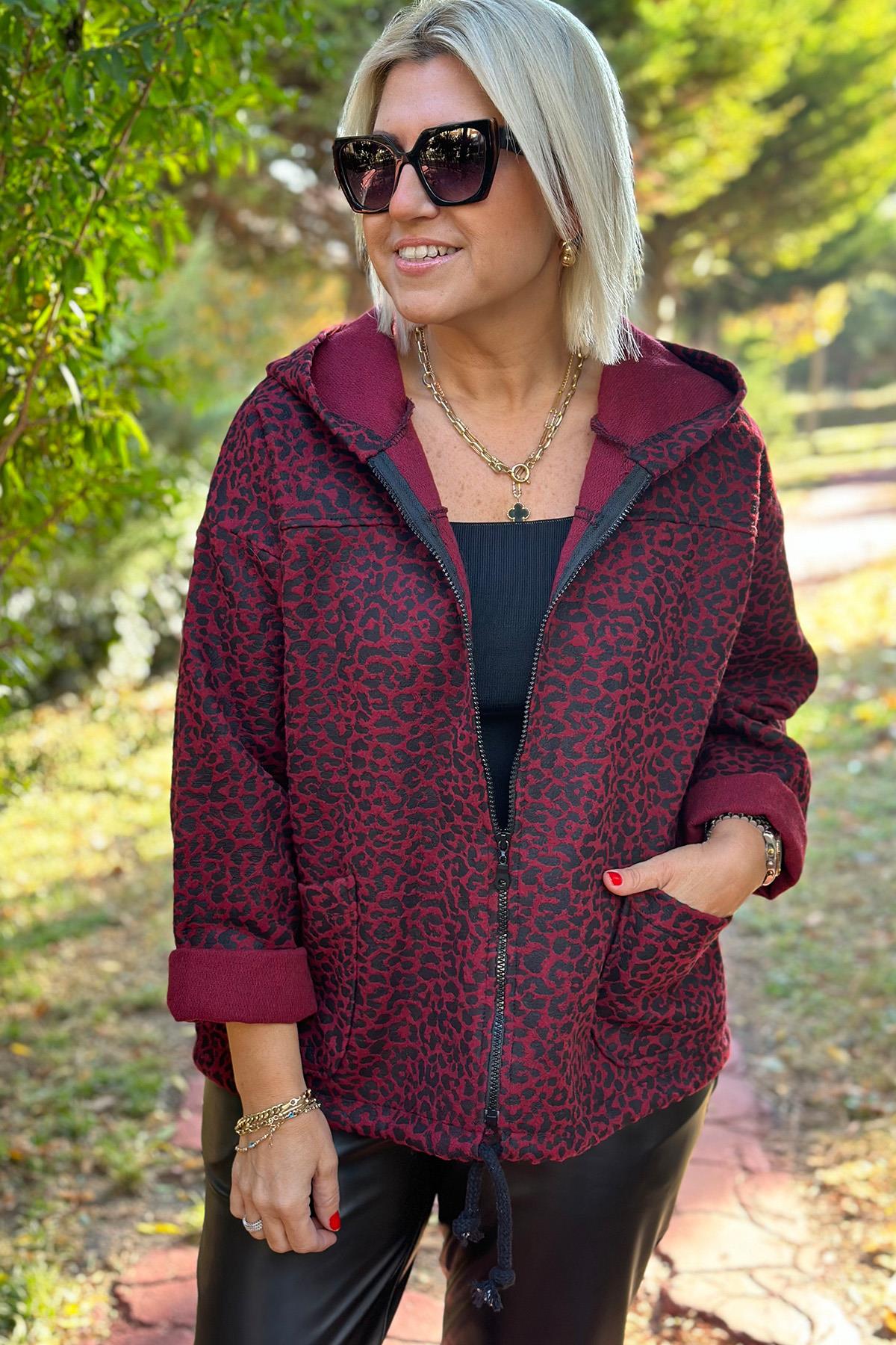 Bordo Kapşonlu Leopar Desenli MontDM24111903-BORDO-STD