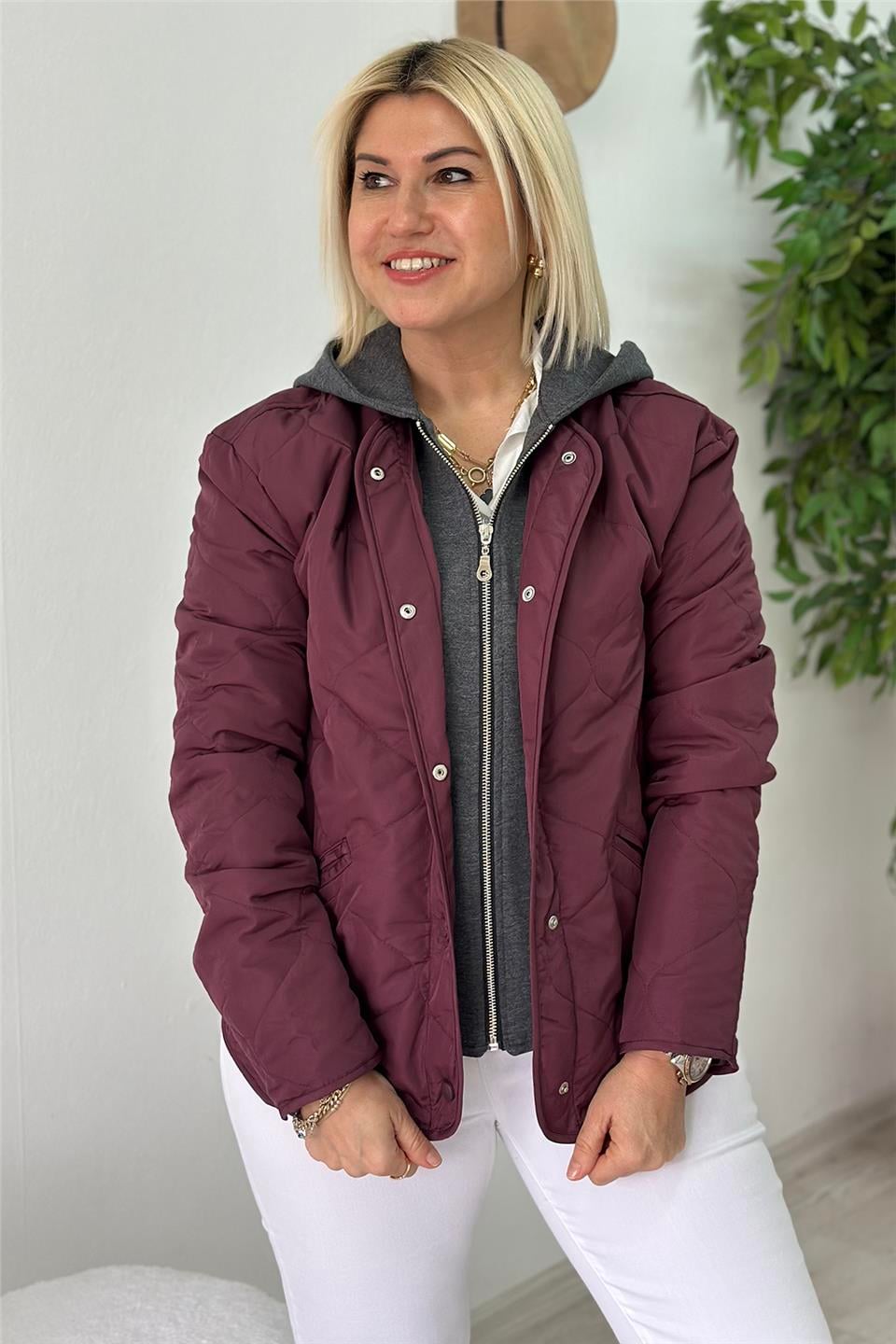 Bordo Kapüşonlu Sweat Garnili Kapitone CeketECKT2500124-BORDO-S