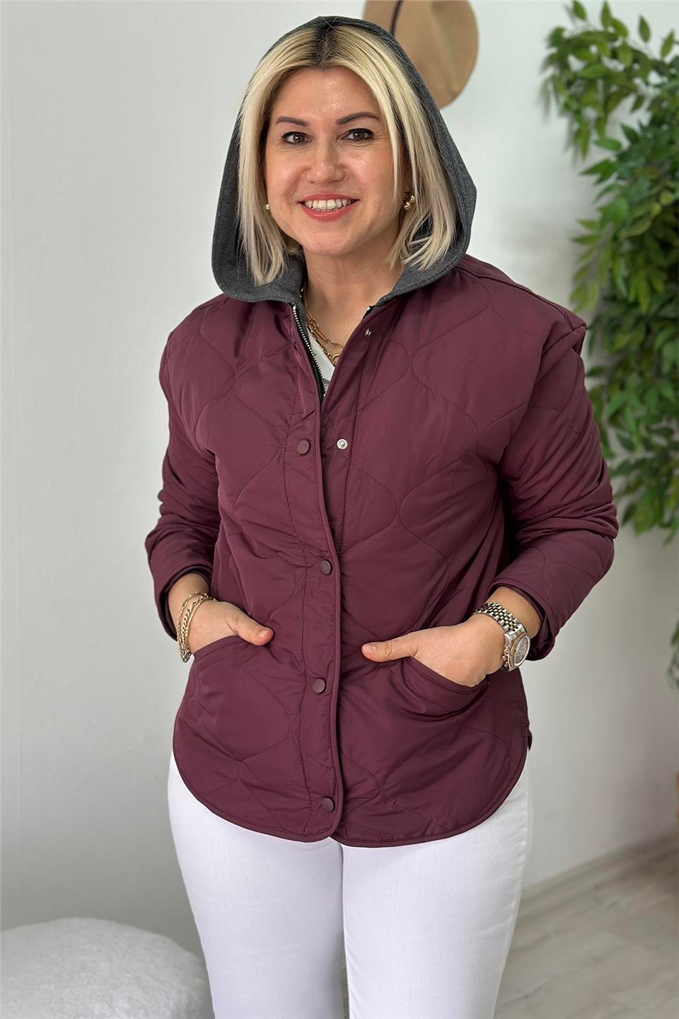 Bordo Kapüşonlu Sweat Garnili Kapitone CeketECKT2500124-BORDO-S