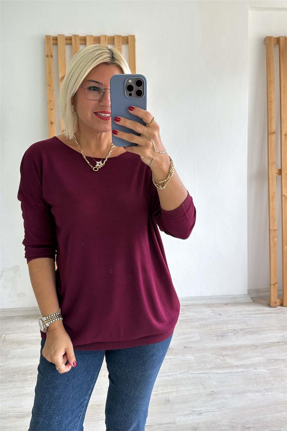 Bordo Kayık Yaka İnce Mevsimlik Basıc TrikoUT24110998-BORDO-STD
