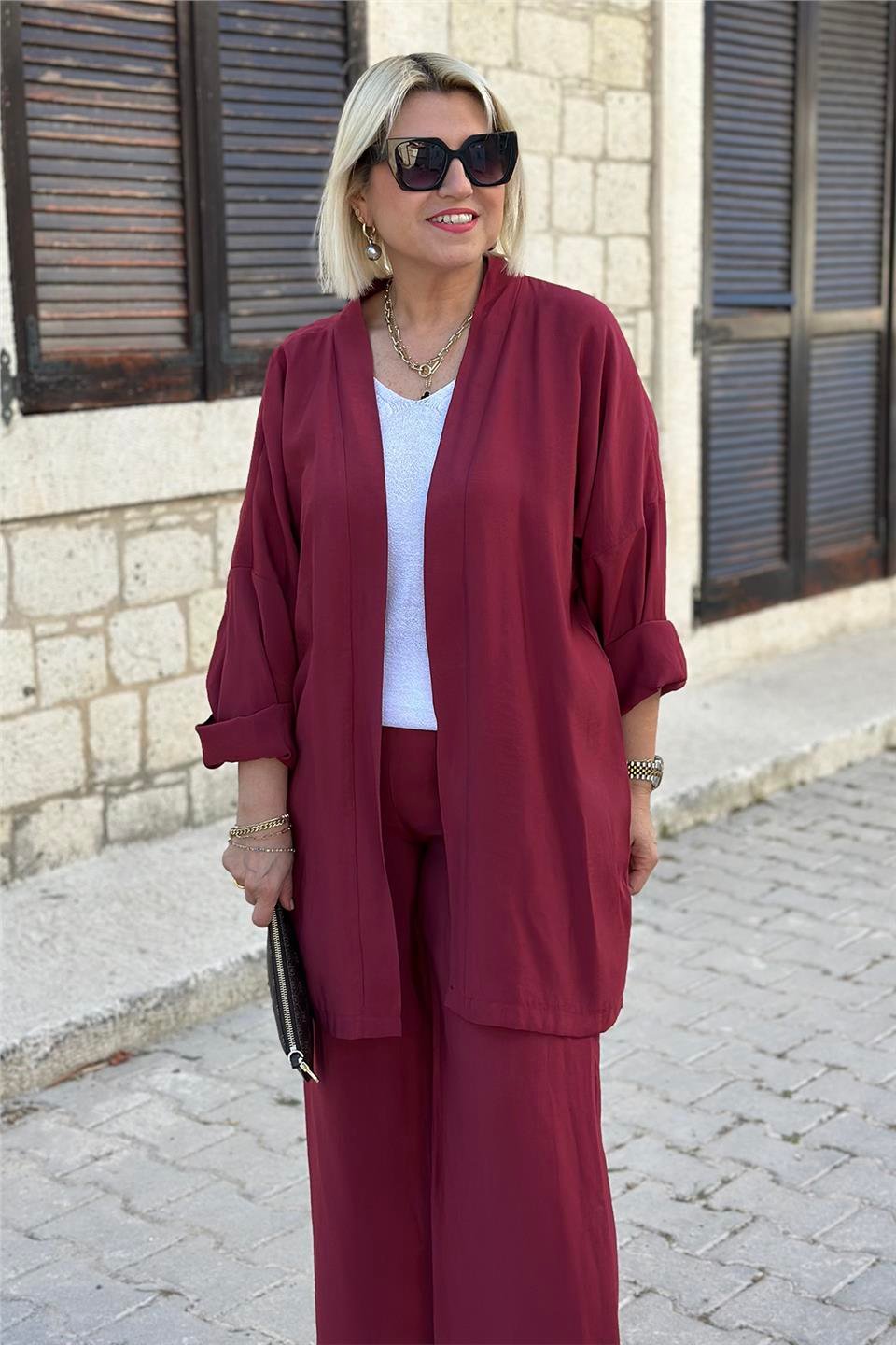 Bordo Kimonolu İkili TakımUTK2501156-BORDO-S